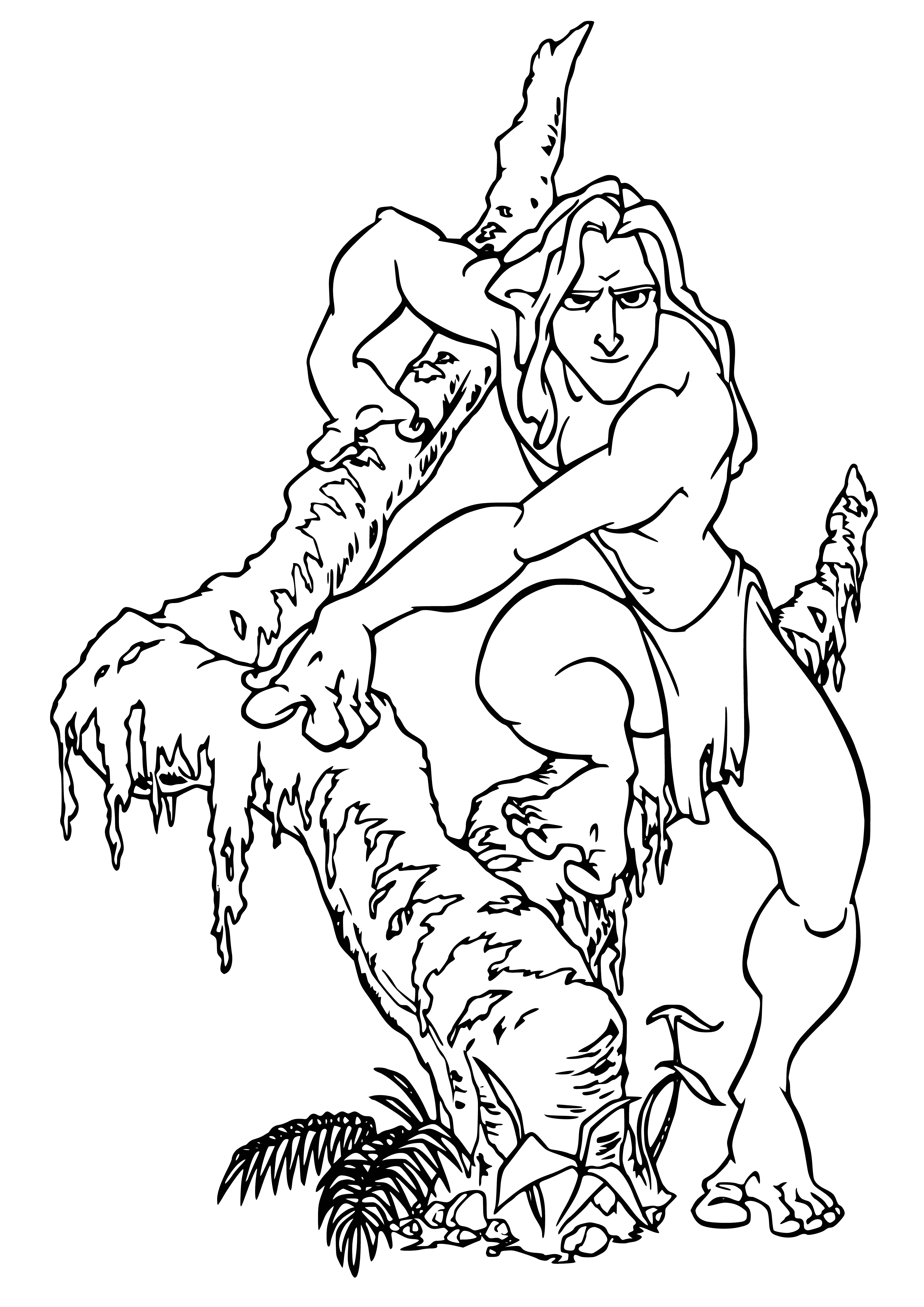 coloring page: Tarzan swings on a vine above animals standing on a tree branch, arms and legs outstretched. He wears a loincloth and has long, flowing hair.