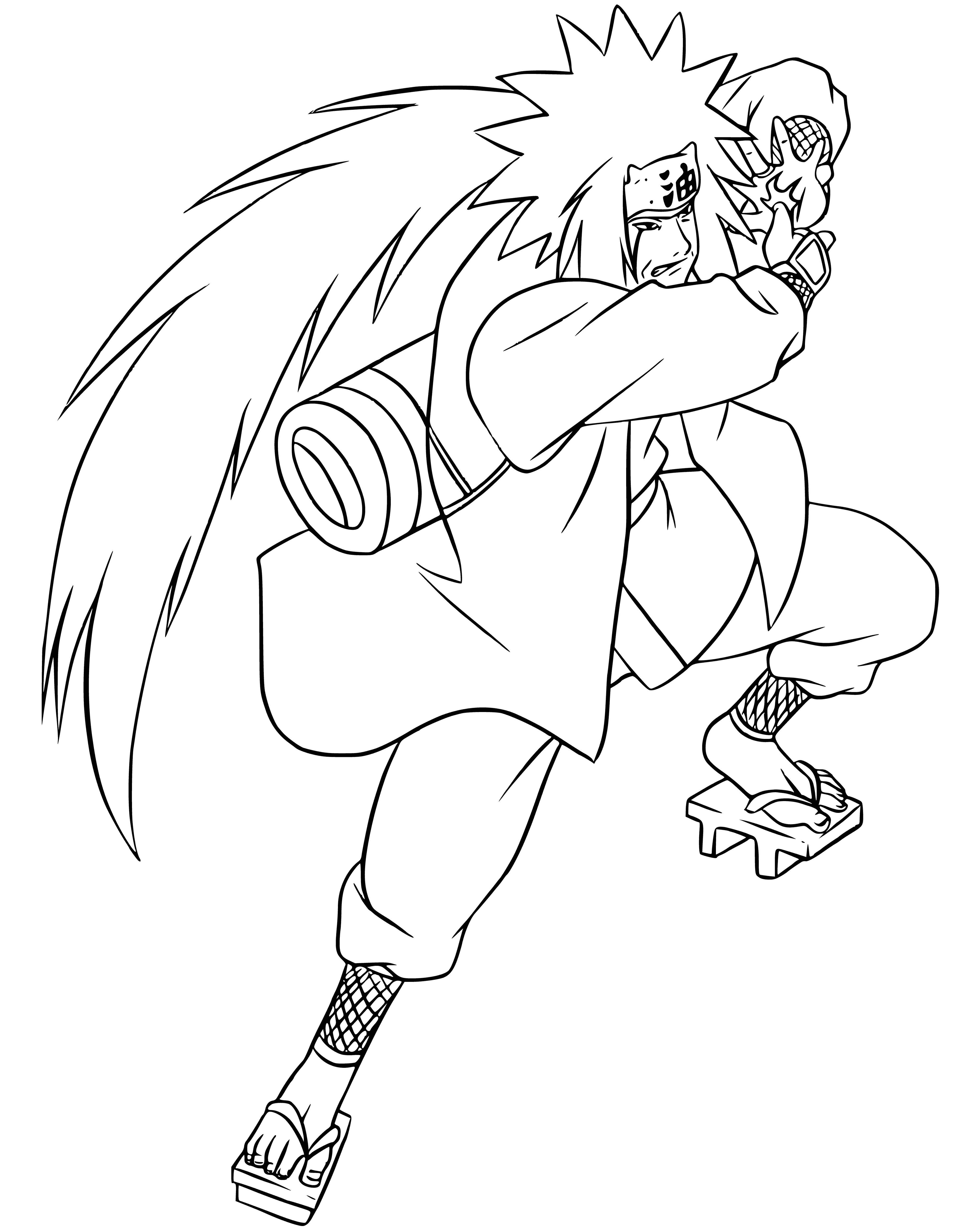 coloring page: Man in red robe w/ white lining & black belt holds scroll & sword in front of mountain.