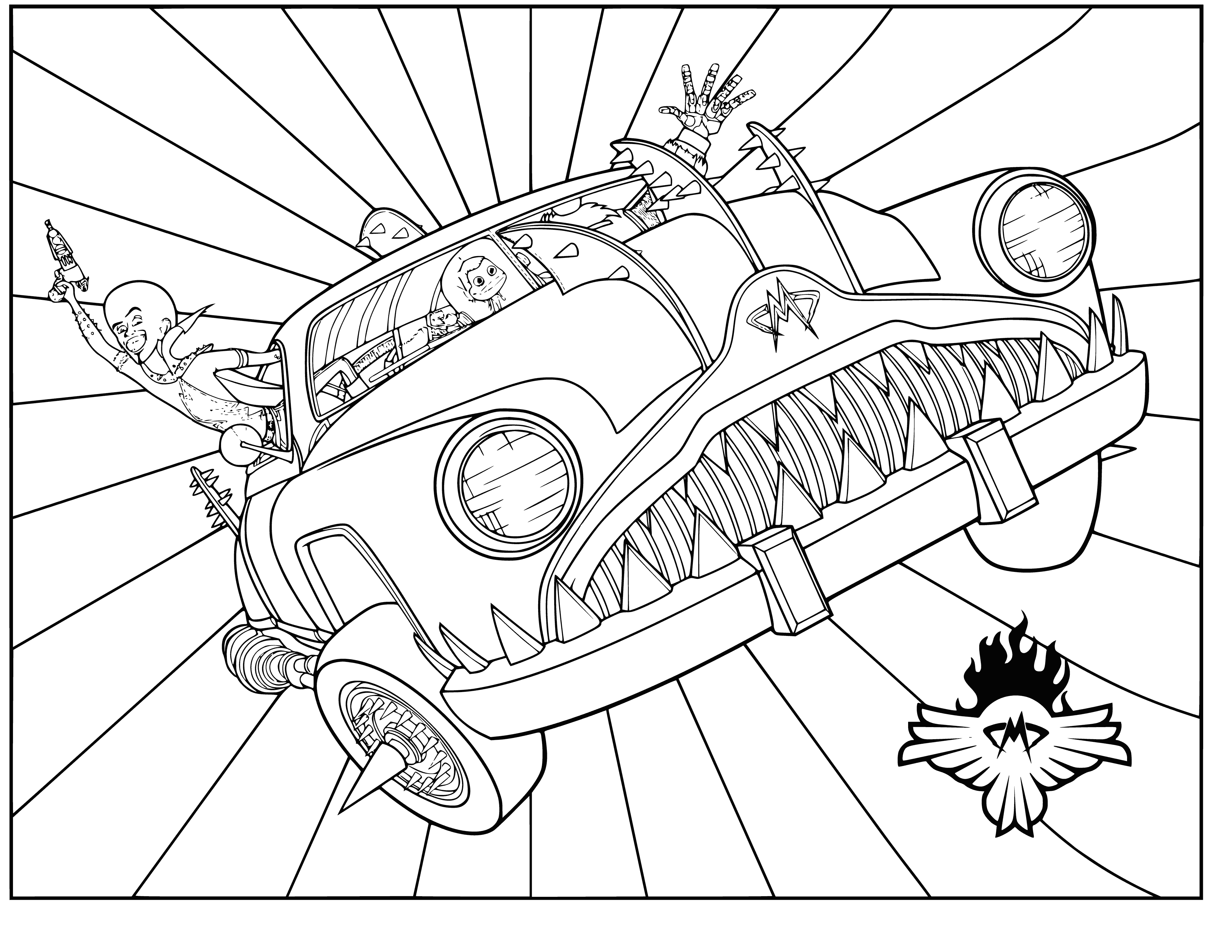 coloring page: The Megamind - Invisible car is a small, white car w/ blue stripe, black tinted windows & black roof. Parked in a white garage.