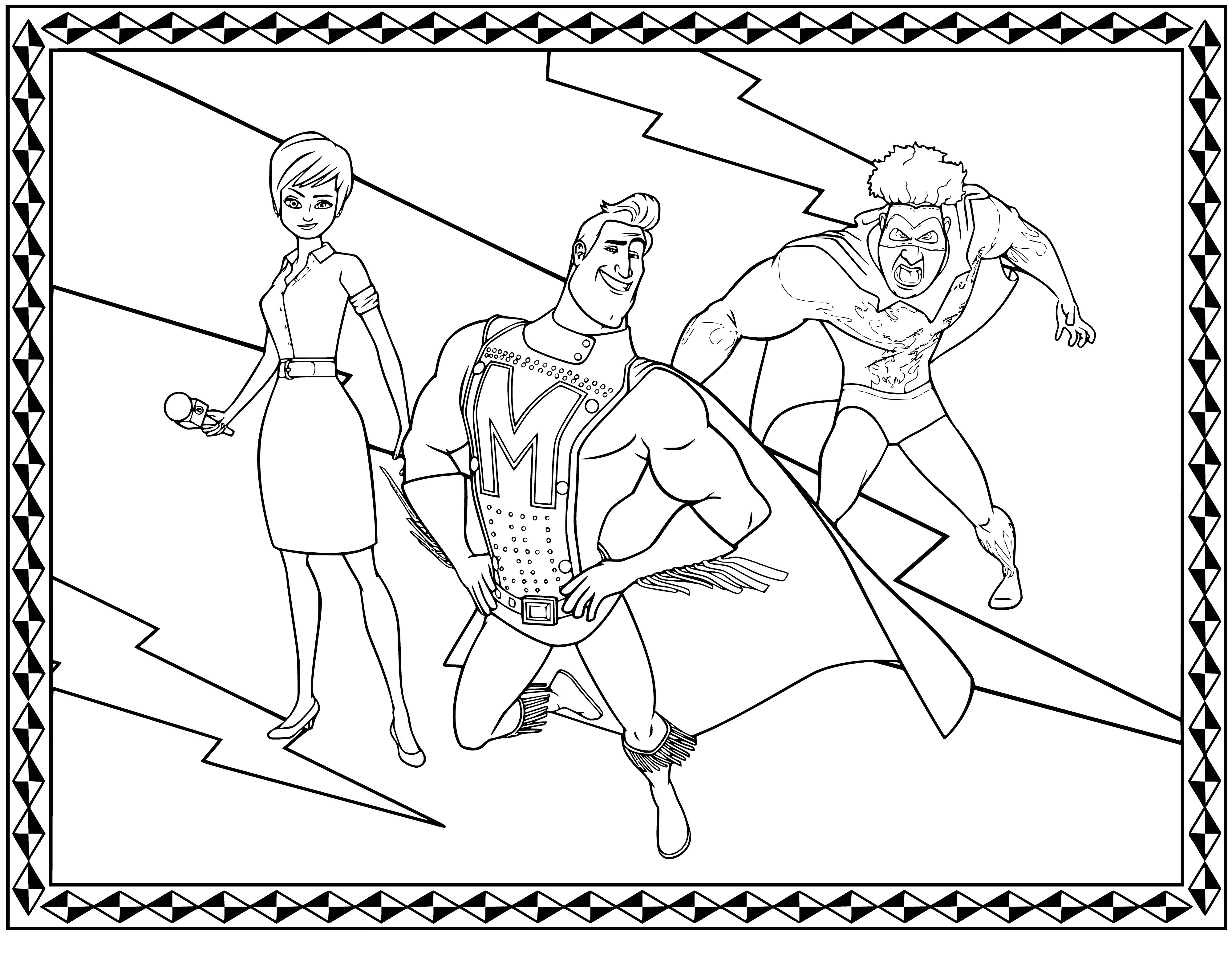 coloring page: Megamind, Roxana, Metromen and Titan are featured in a coloring page; Megamind is a blue alien, Roxana is a human, Metromen are small blue aliens, and Titan is a large green alien.