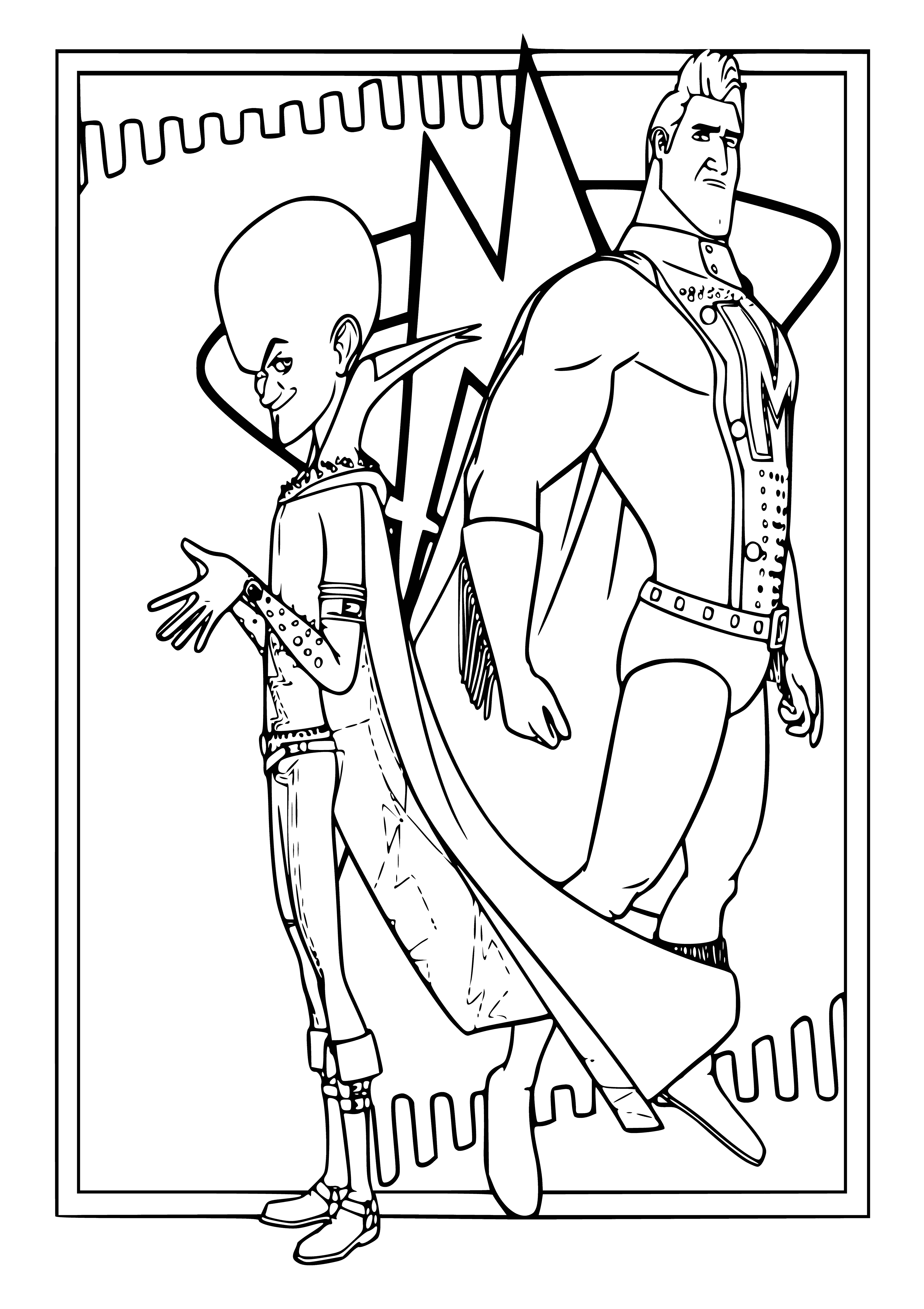 coloring page: Megamind & Metroman coloring page: Two figures, Megamind (large blue humanoid) & Metroman (red cape, blue suit). Wearing black cape, striped shirt, pants, shoes & gold-buckled belt. #Coloring #Fun