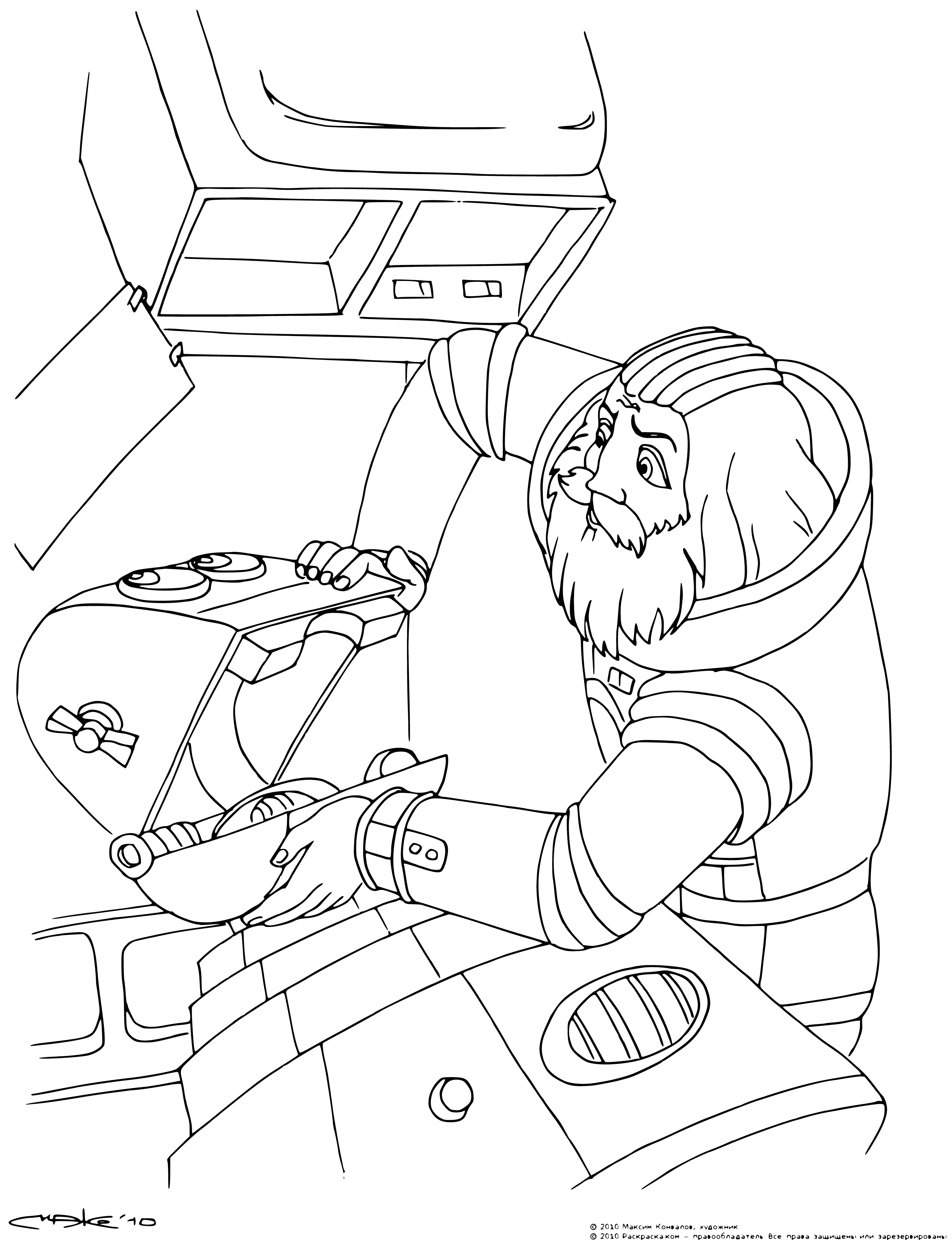 coloring page: Capt. Green and his robotic friend explore an unknown planet, discovering an artificial structure in the distance. Surrounded by strange, giant plants and green fog.