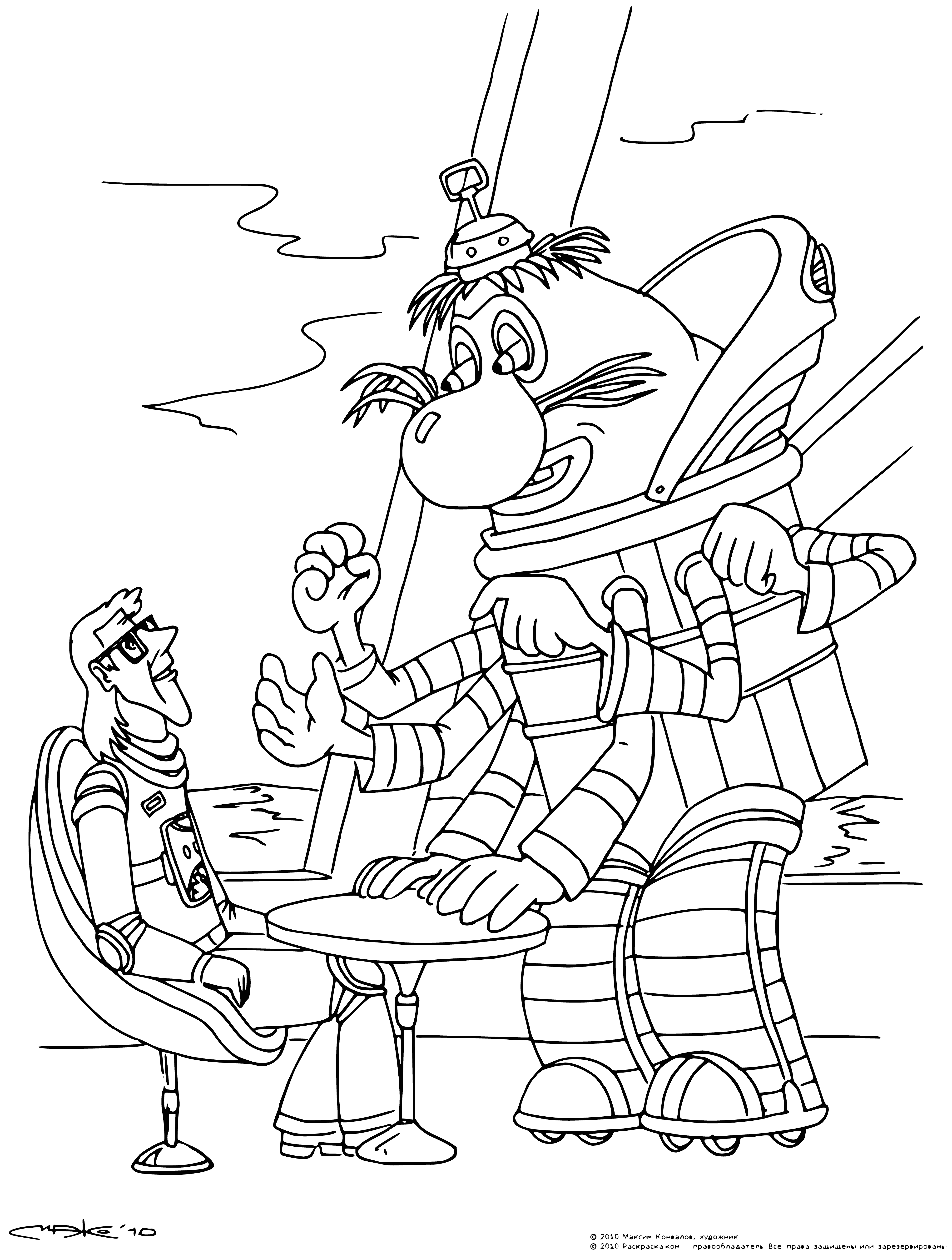 coloring page: Group of 3 spacemen explore giant blue ball surrounded by ring of orange spheres & faint yellowish nebula; one shines blue light.