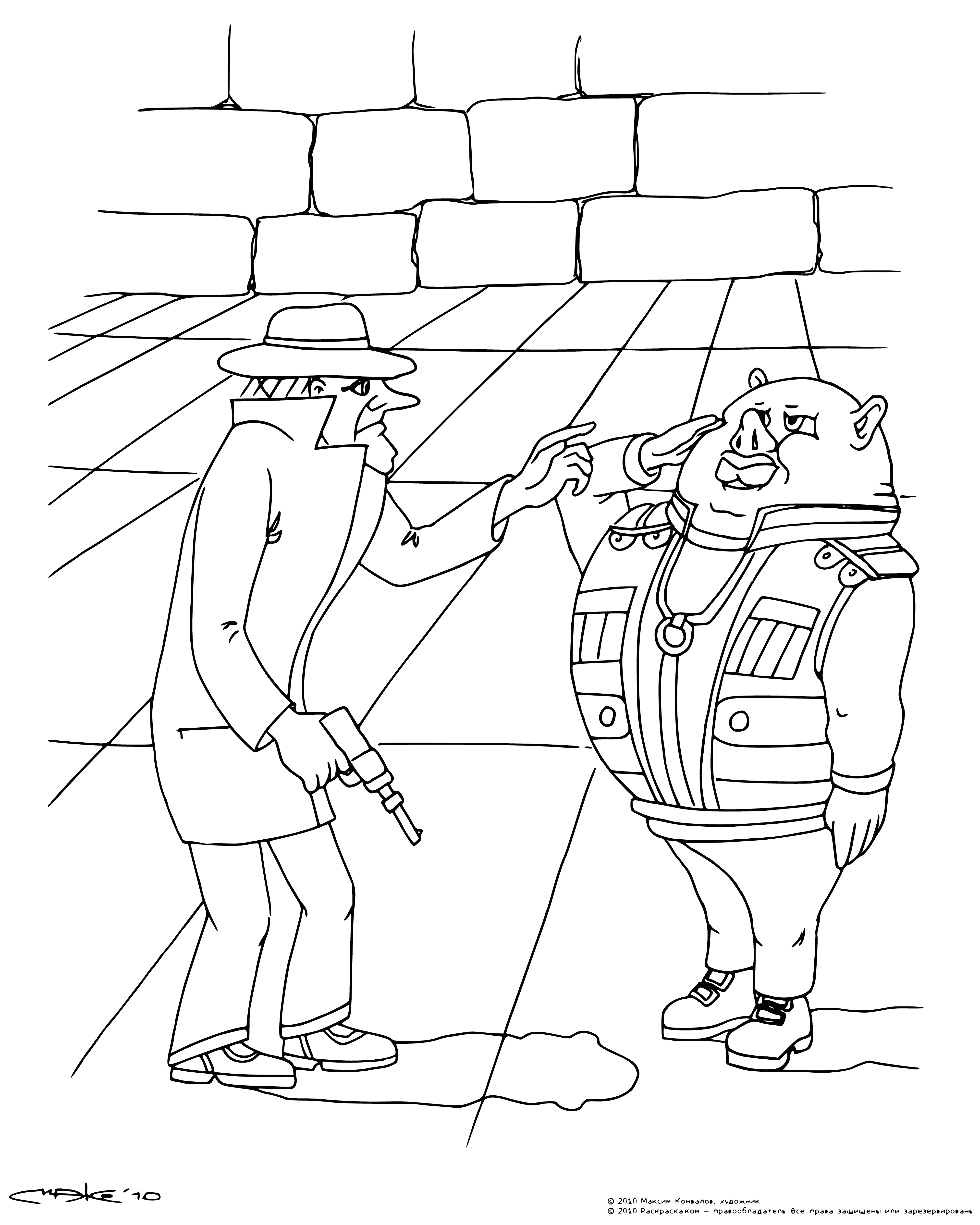 coloring page: Space pirates descend an imposing spaceship in eerie glow, prepared to raid a small, domed structure on the planet below.
