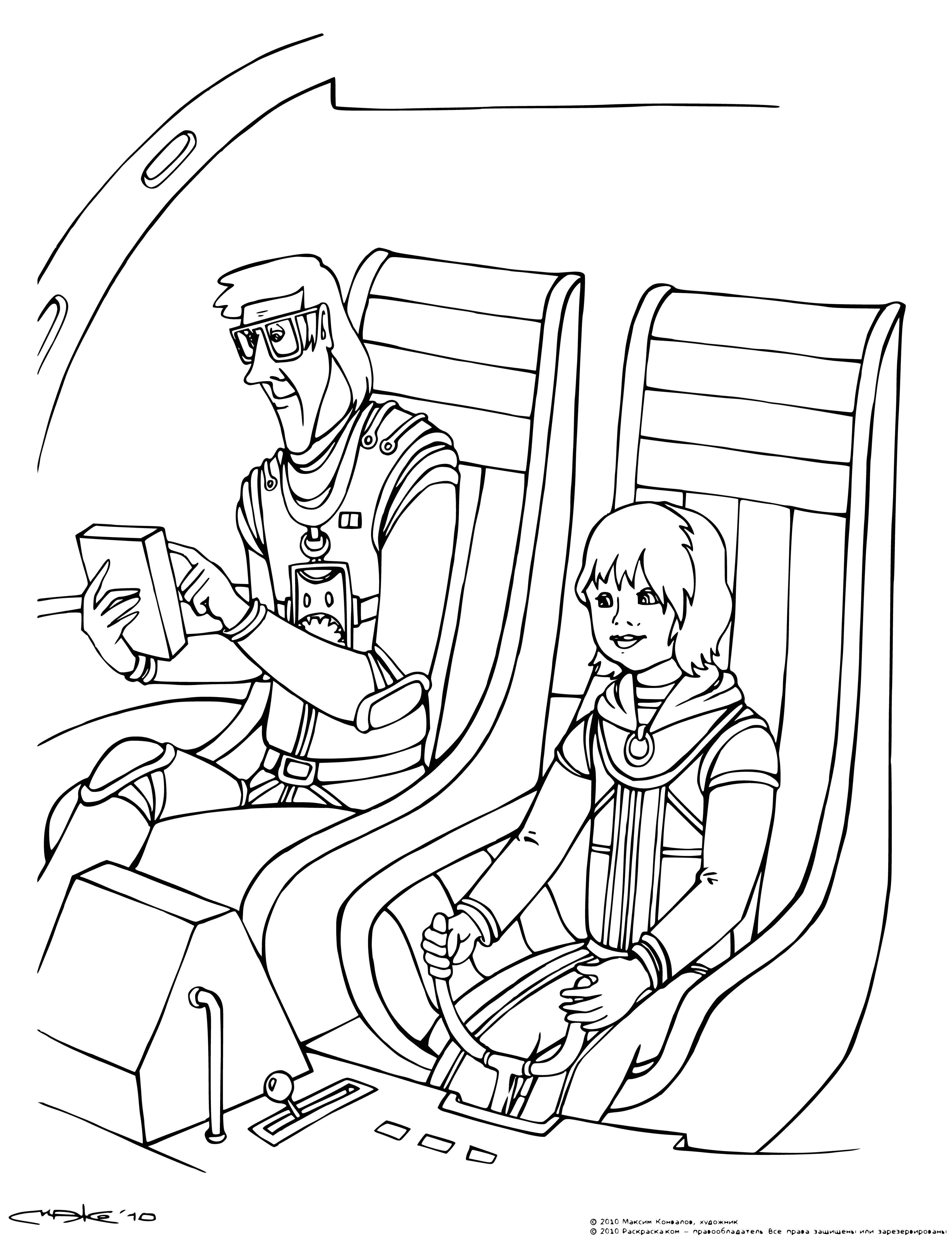 coloring page: Alice captains a large spaceship, wearing a spacesuit, looking at a large, red planet and two orbiting moons.