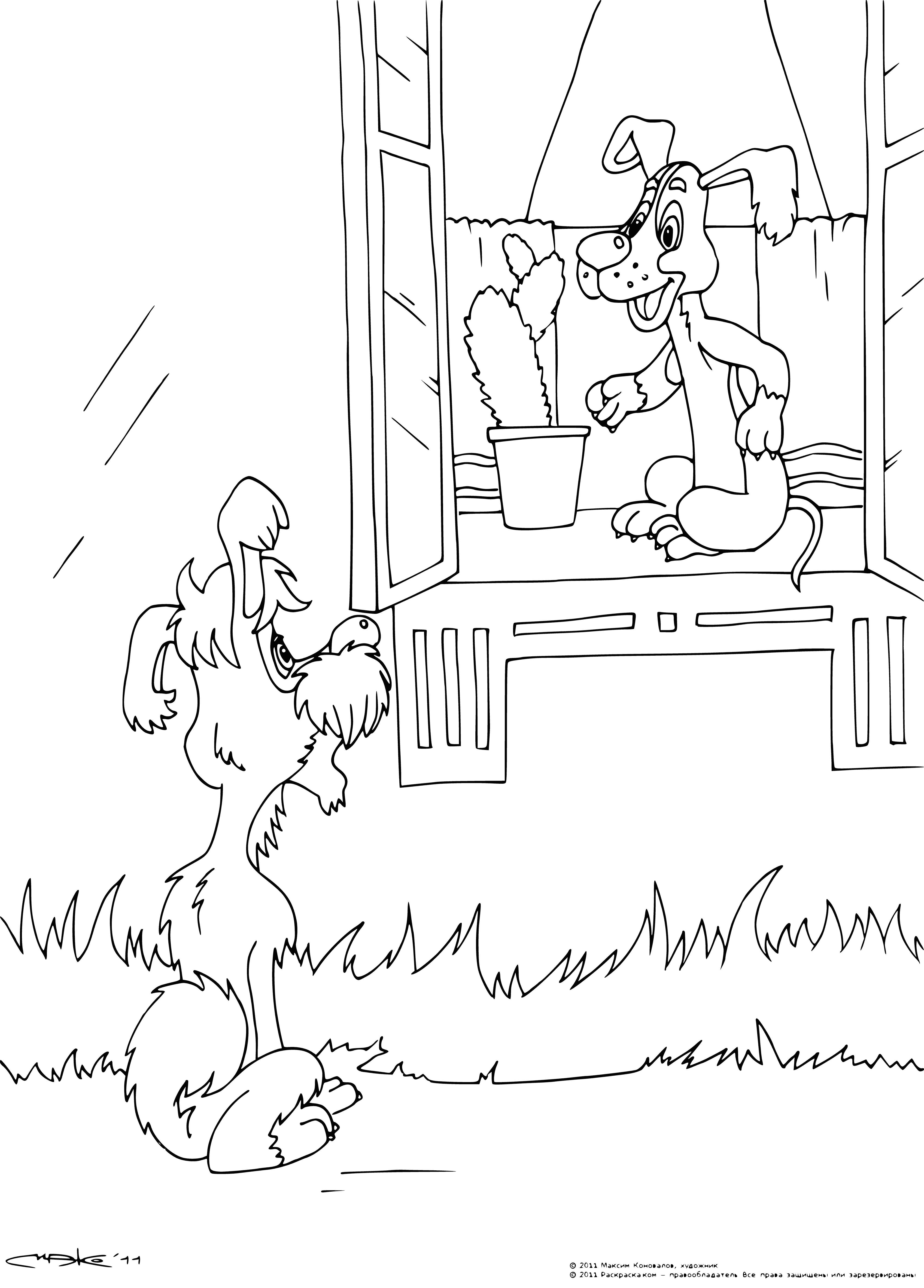 coloring page: Dog sadly begs to be let in outside large door, paw outstretched.