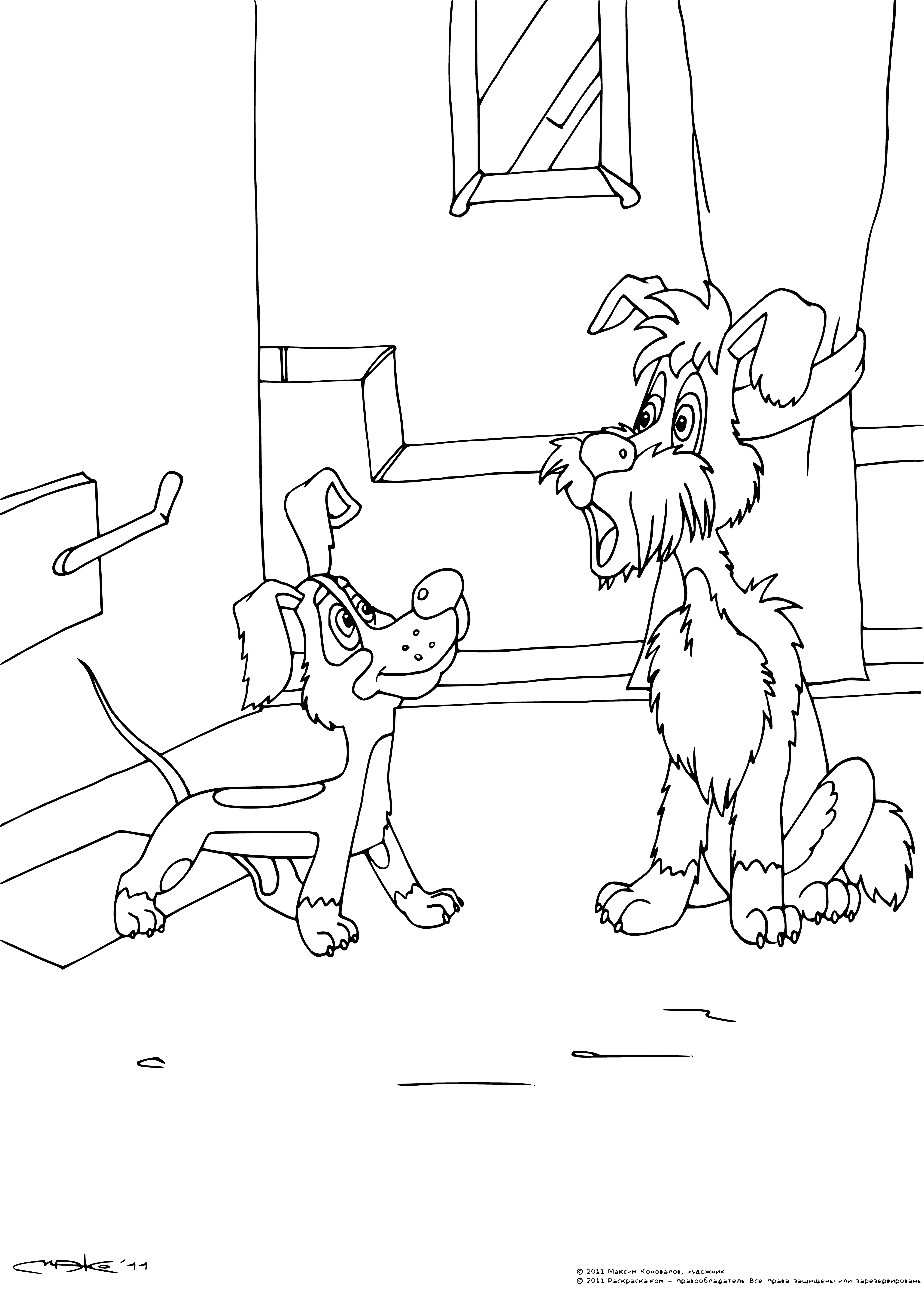 coloring page: Bobik, a small brown pup, stands on hind legs to greet Barbos, a white canine, in an adorable display of friendship.