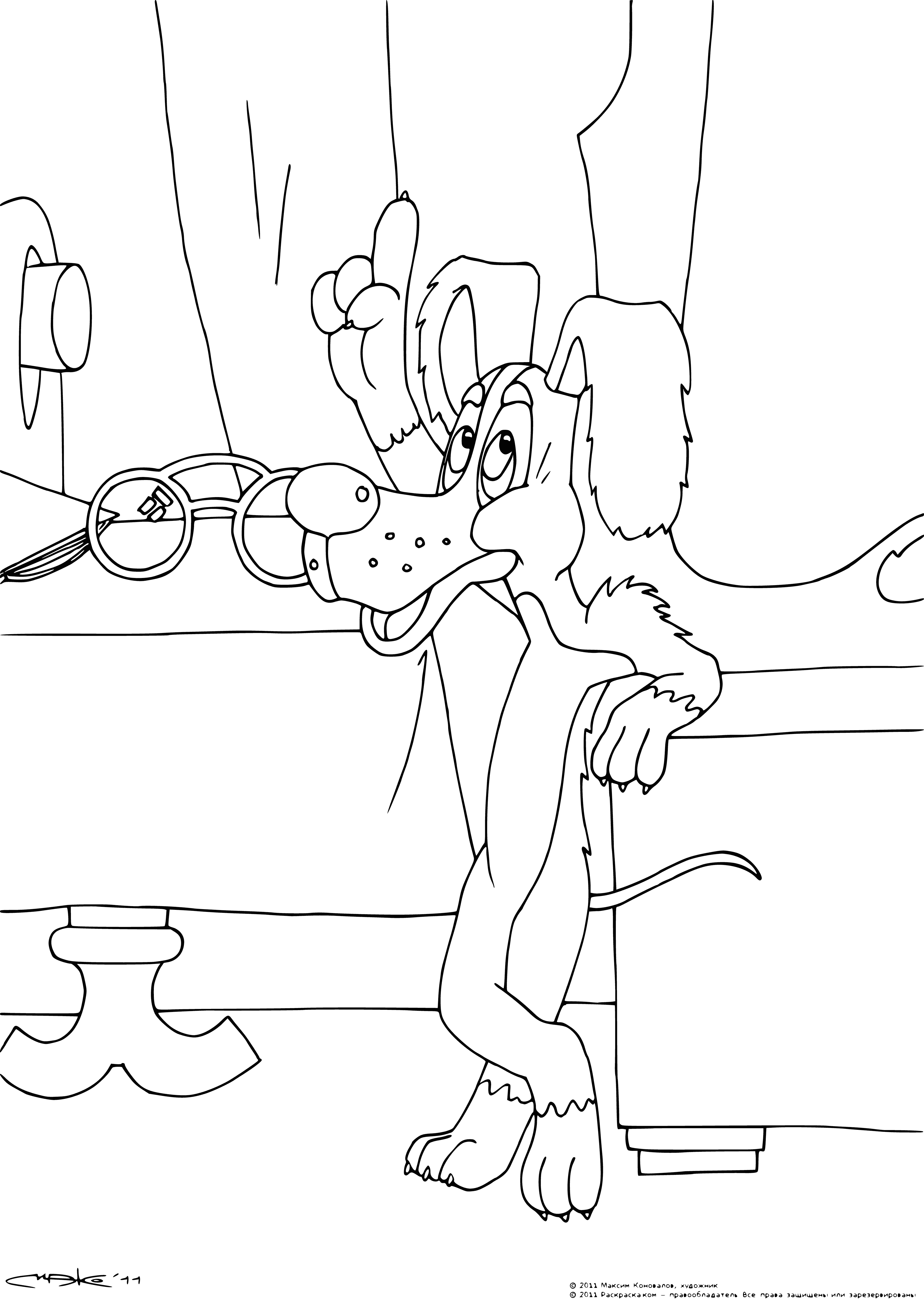 coloring page: Bobik stands on the sidewalk next to a fence facing Barbos, a large brown and white cat perched in a tree.