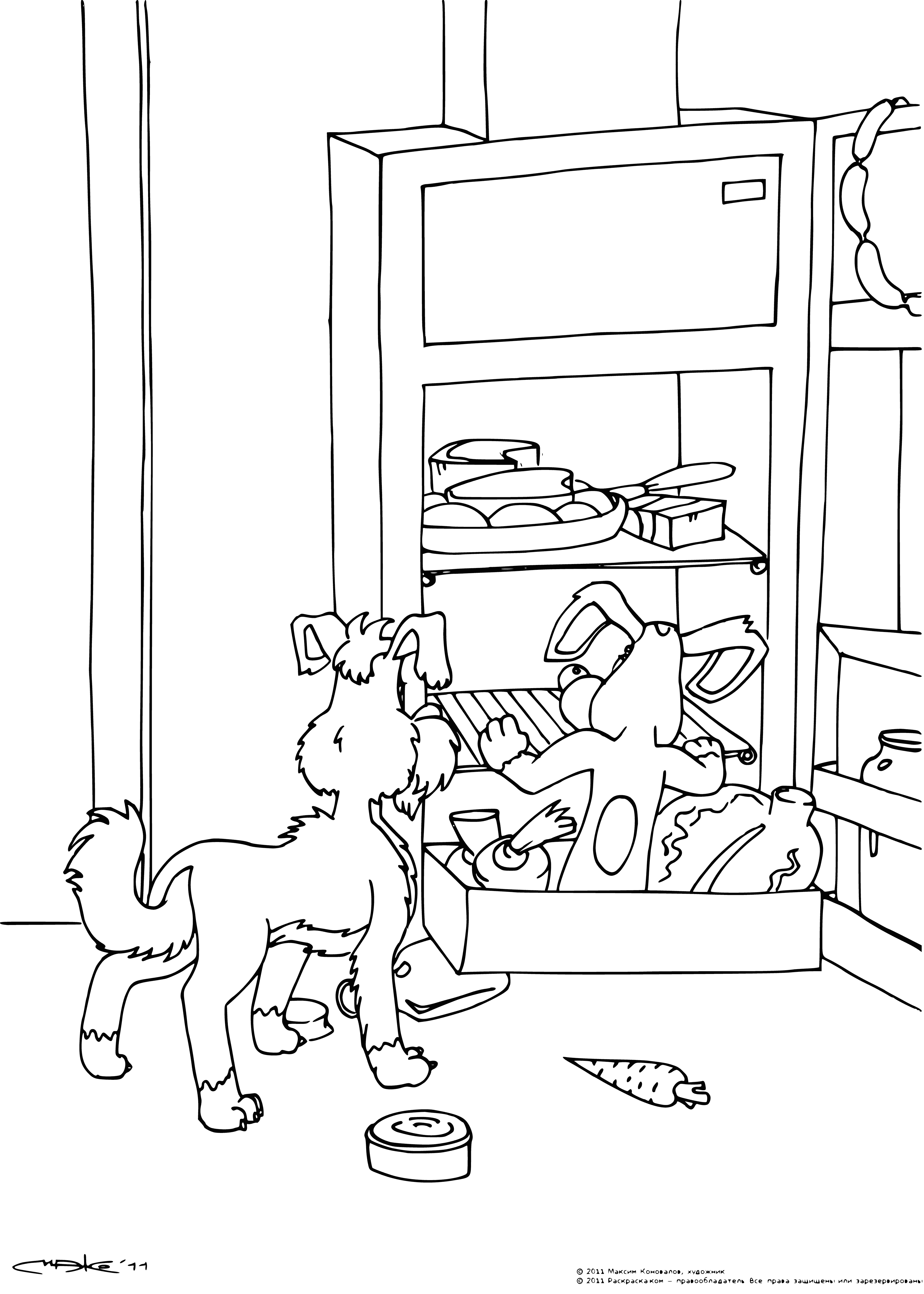 coloring page: Bobik the dog visits Barbos, who has a fridge that fascinates him. #cuteanimals
