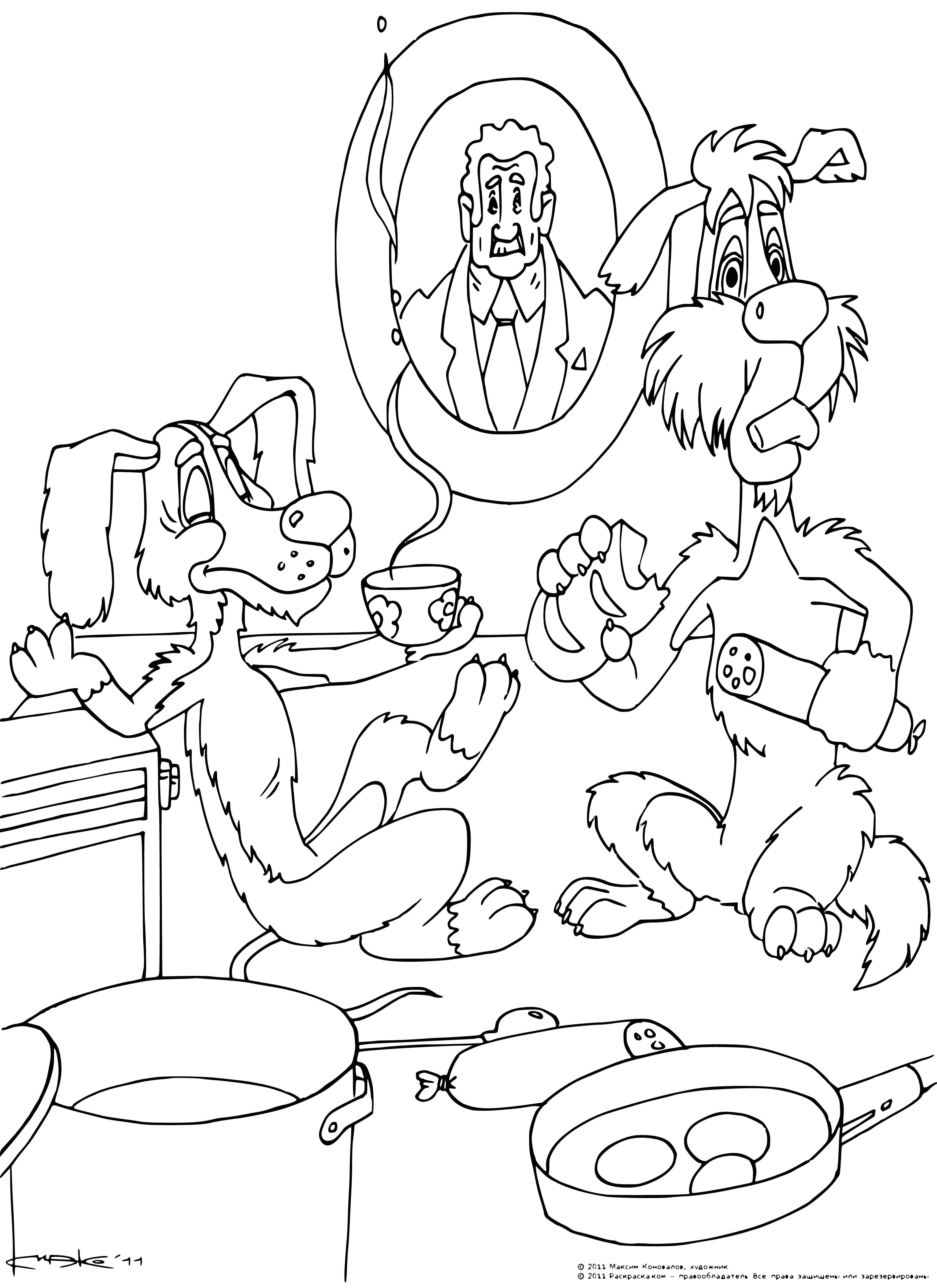 coloring page: Bobik & Barbos sit in a lux living room, surrounded by a rug, comfy chair, and vase of flowers- it's clear Barbos is living the good life!