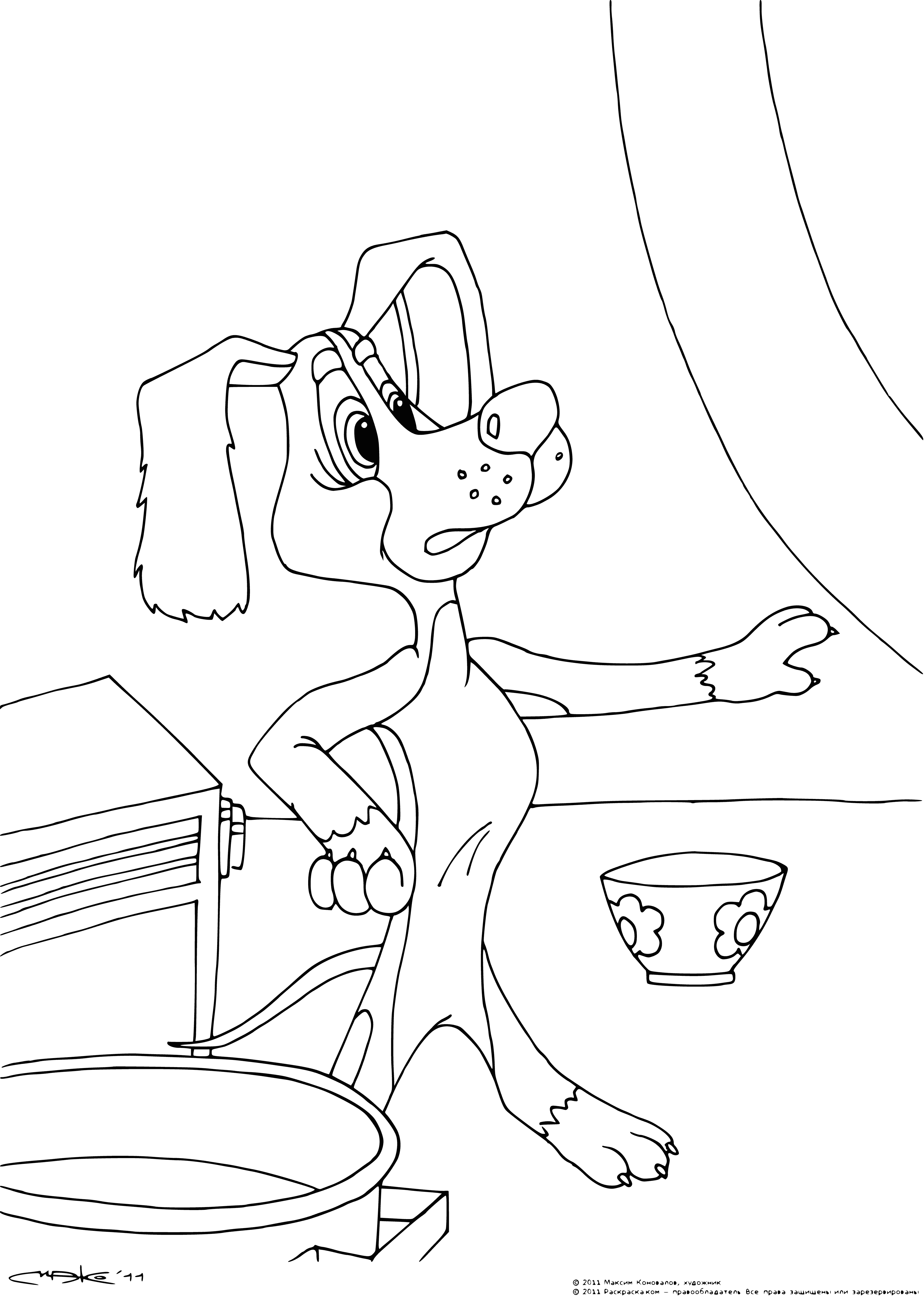 coloring page: Bobik is visiting Barbos the cat, but can't touch the cat's toys - they're off limits! #pets