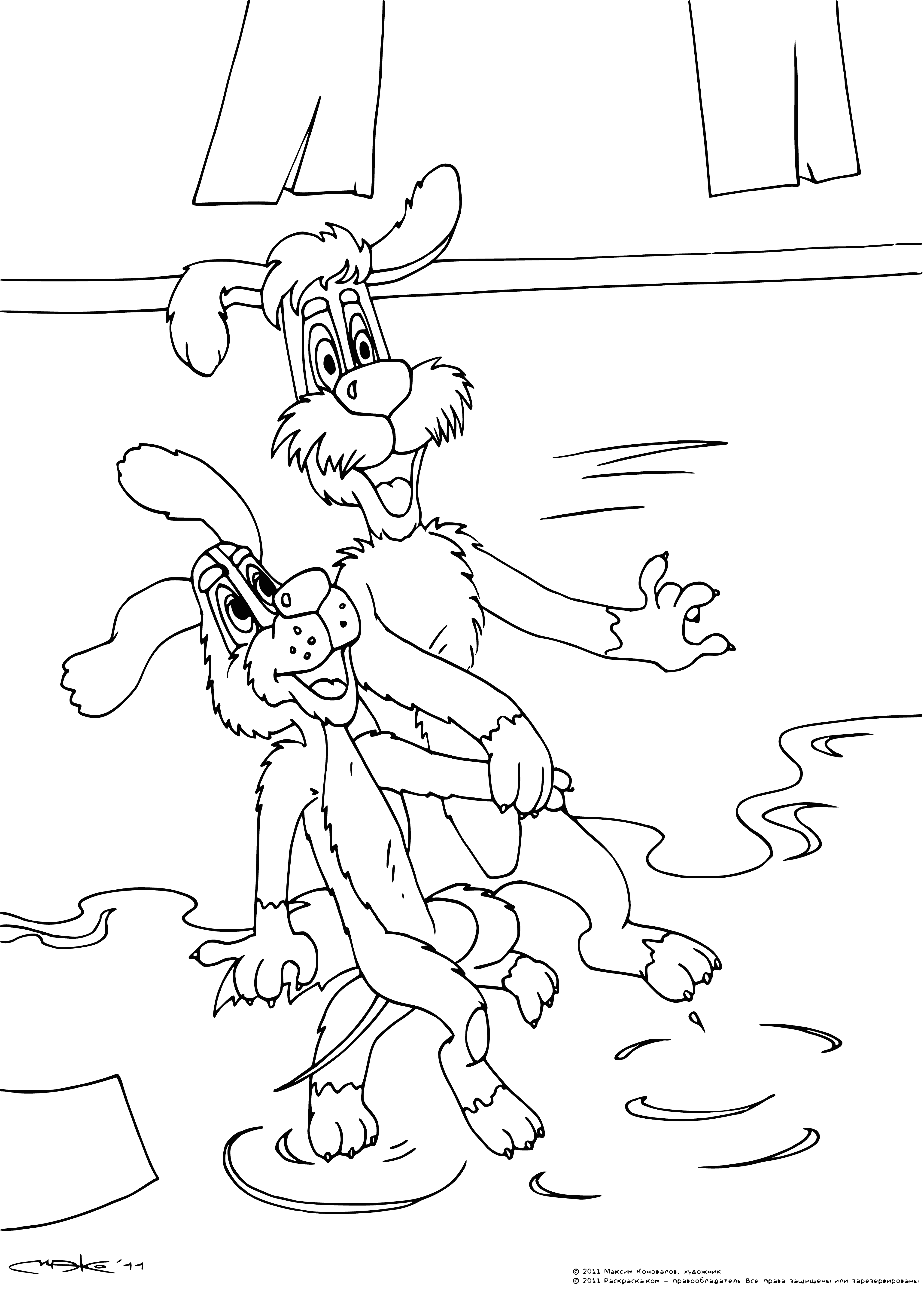 coloring page: Bobik visits his friend Barbos, who is licking spilled jelly from a huge jar; Bobik disapproves.