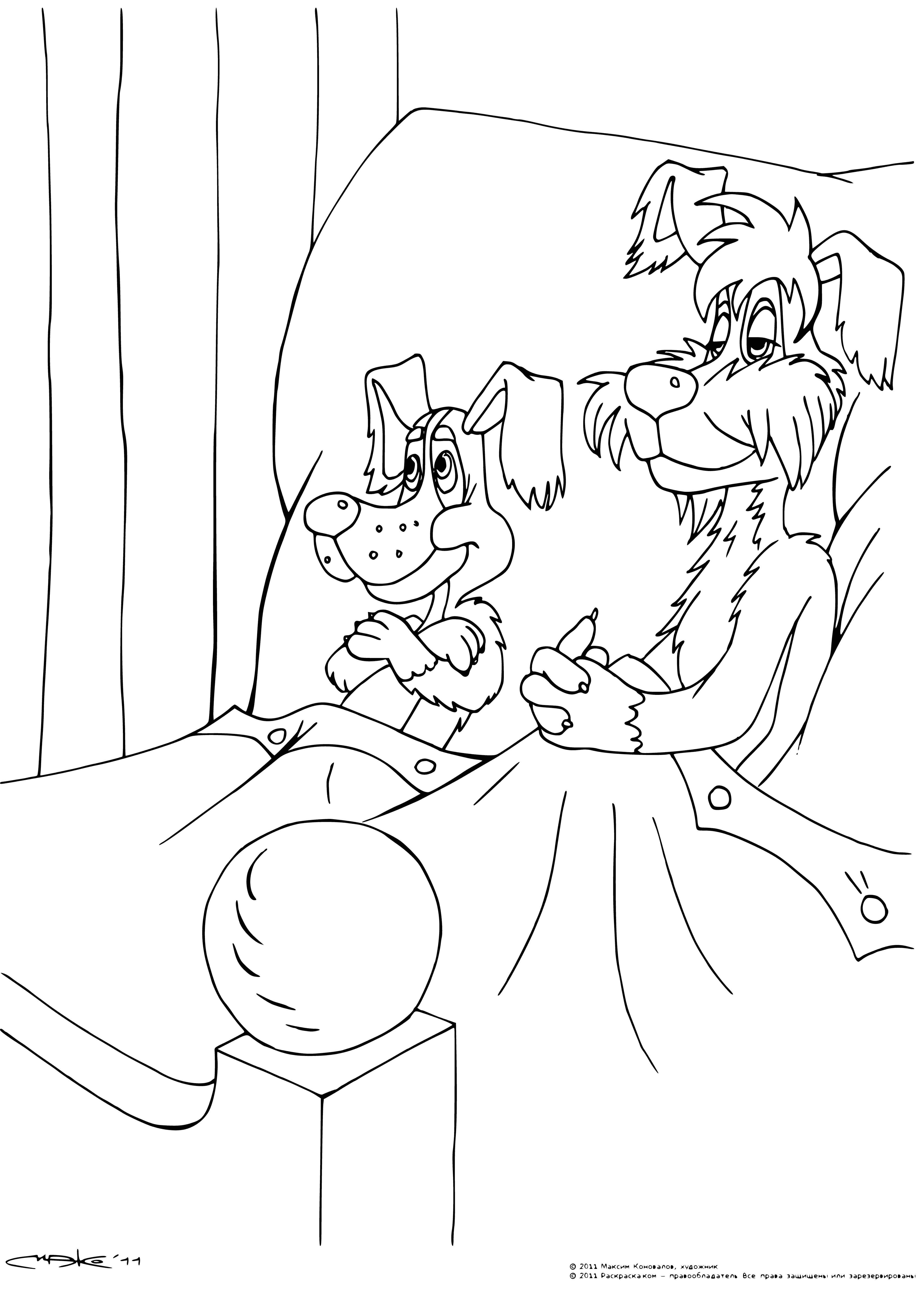 coloring page: Bobik, a pooped pup, visits Barbos, a cat dozing on a comfy couch.