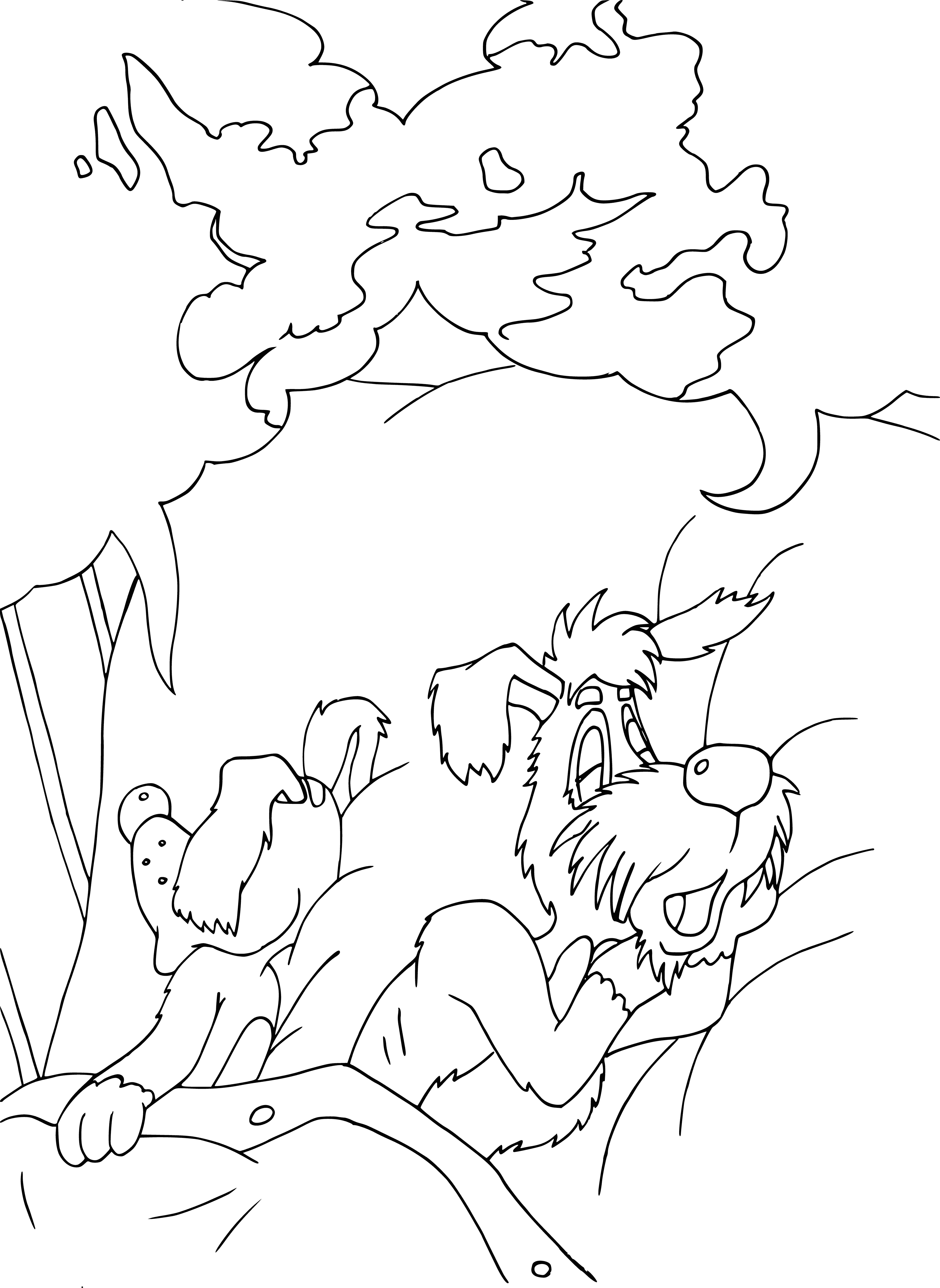 coloring page: Dogs sleep on the floor; Bobik stands nearby.