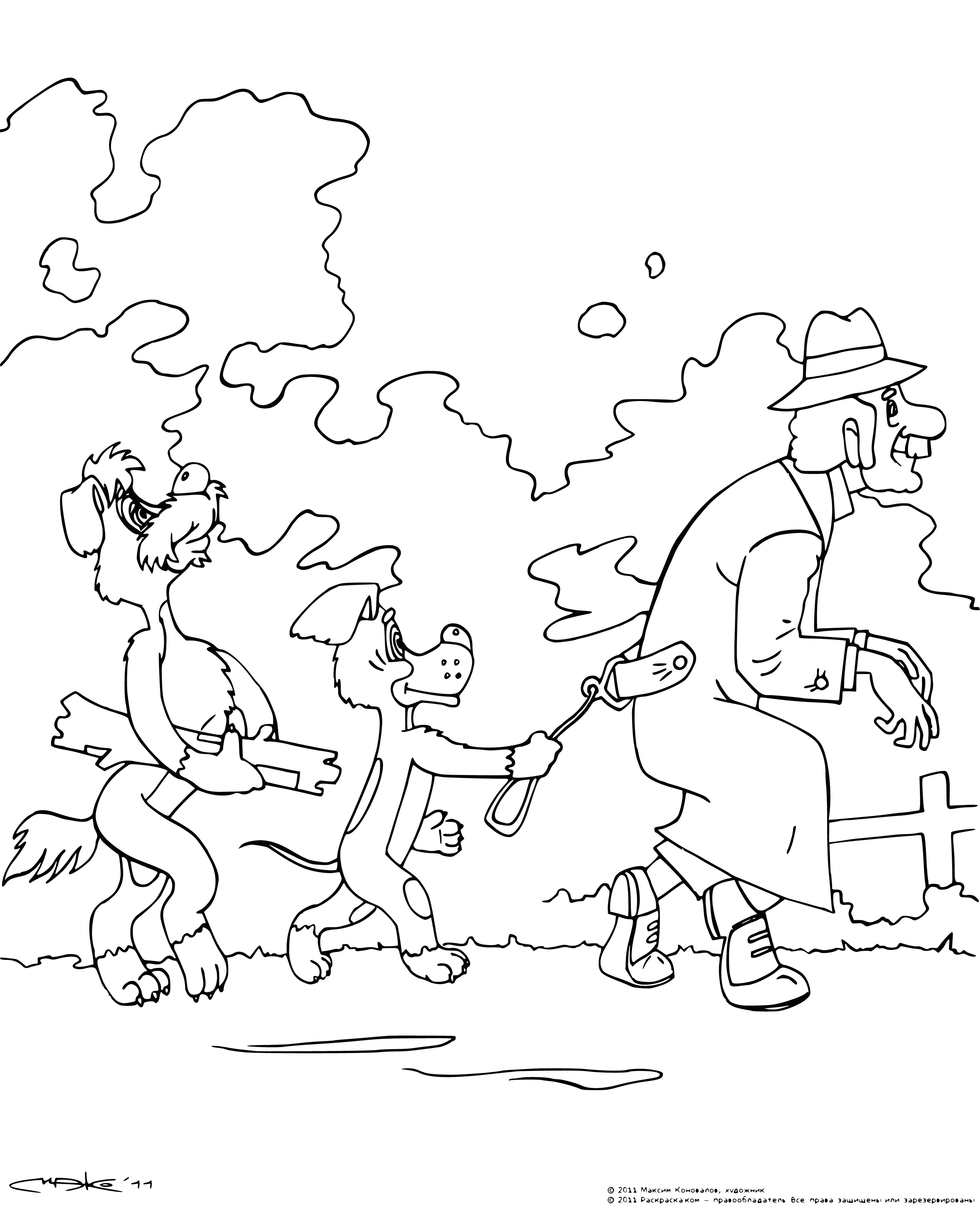 coloring page: Small dog rides on larger dog's back, both look determined to get where they're going. #dogsgonehiking