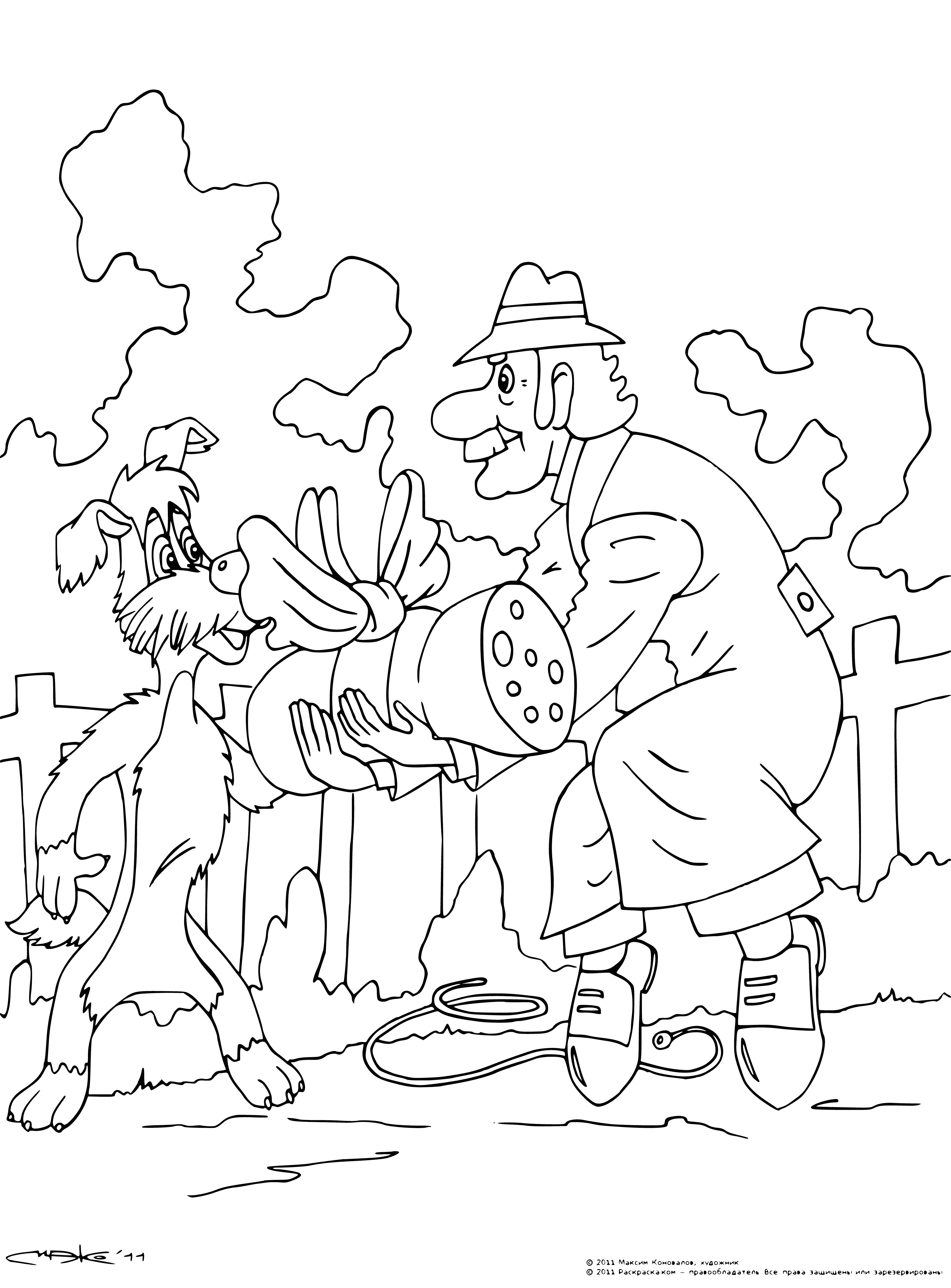 coloring page: Dog perched atop large sausage, content and happy. Suggestion that sausage is part of larger meal, surrounding area not revealed.