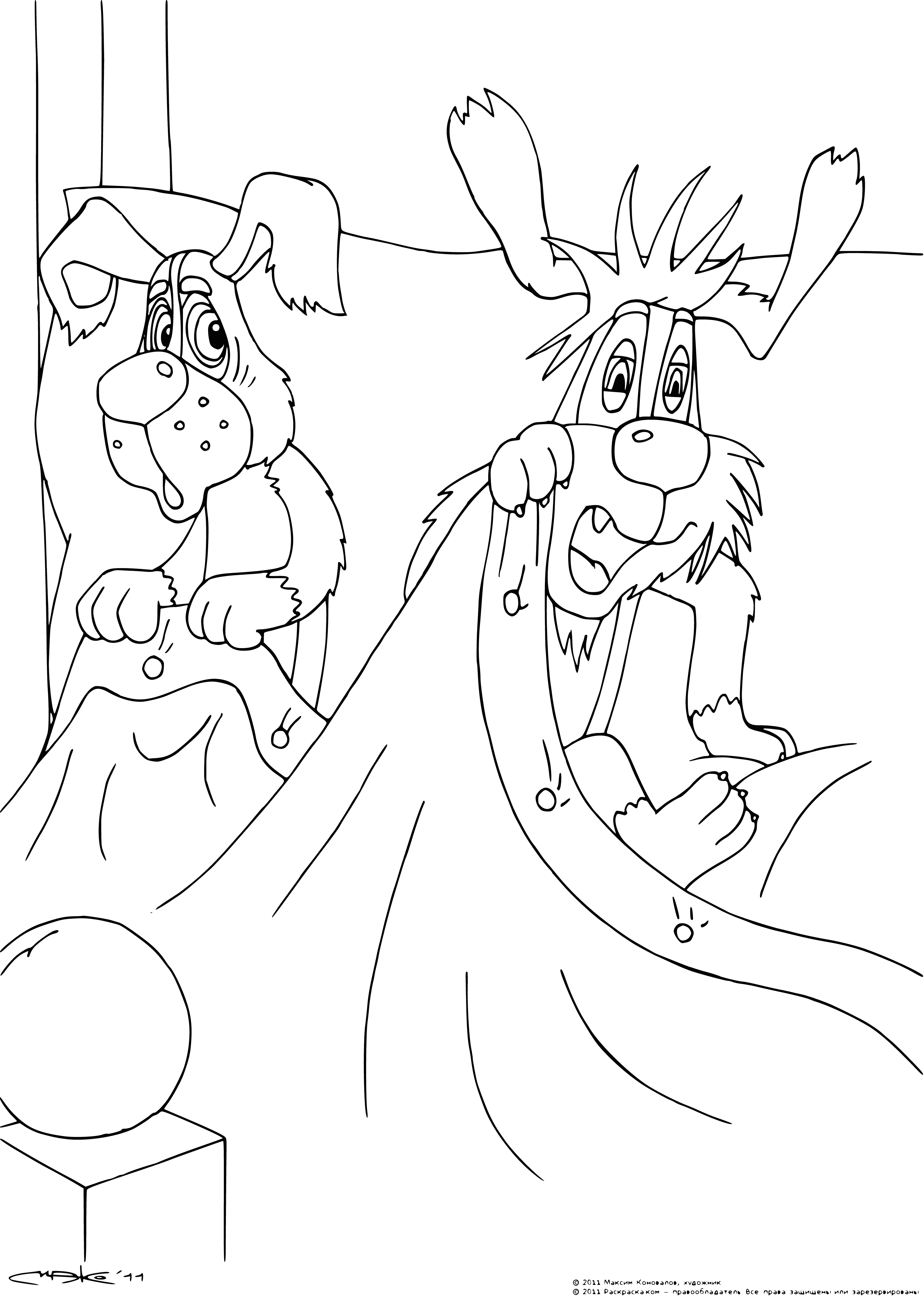 coloring page: Three dogs in a bed panting, one standing, one sitting and one lying down.