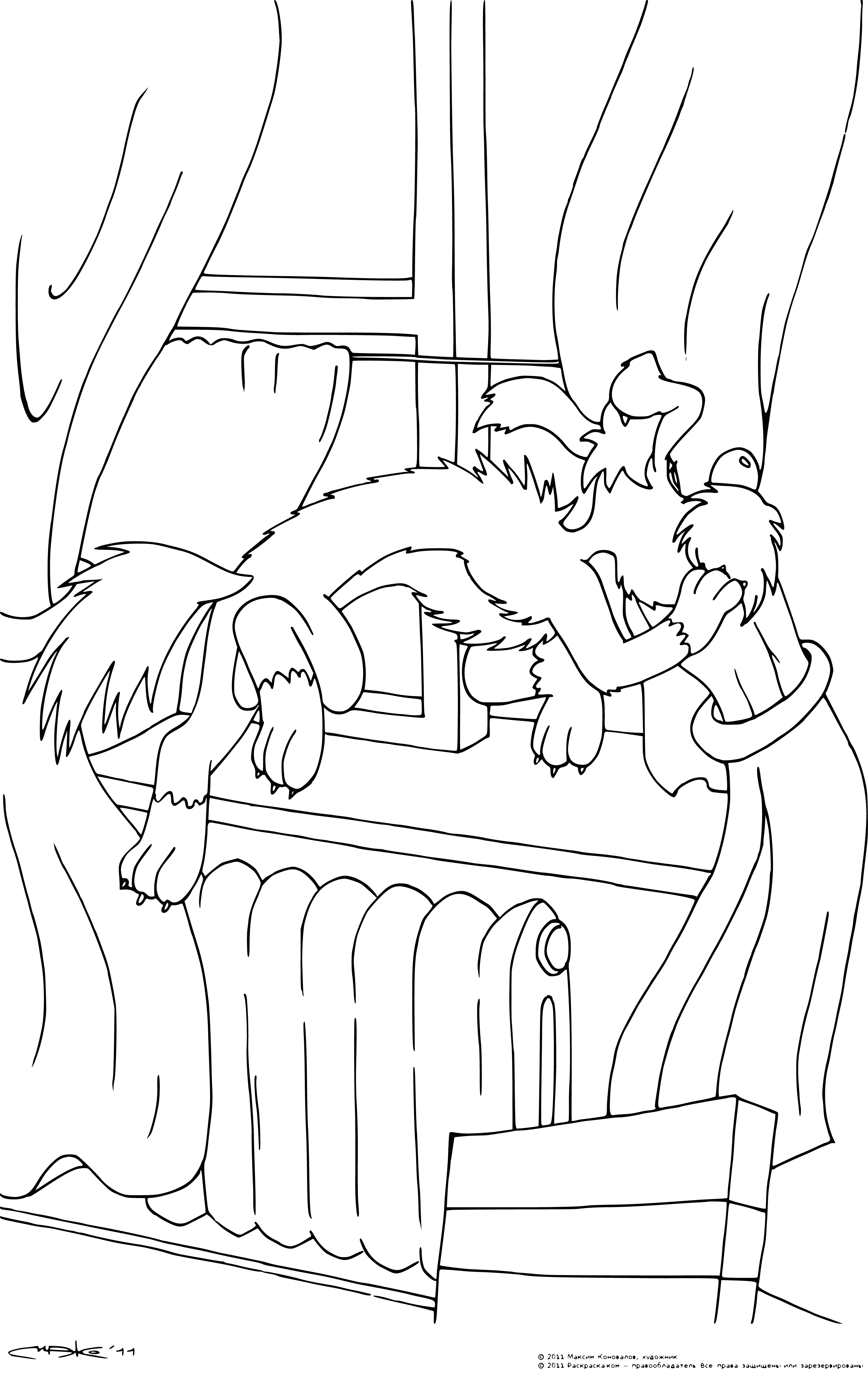 coloring page: Bobik visits Barbos, a 3-eyed dog, but quickly runs away in fear.