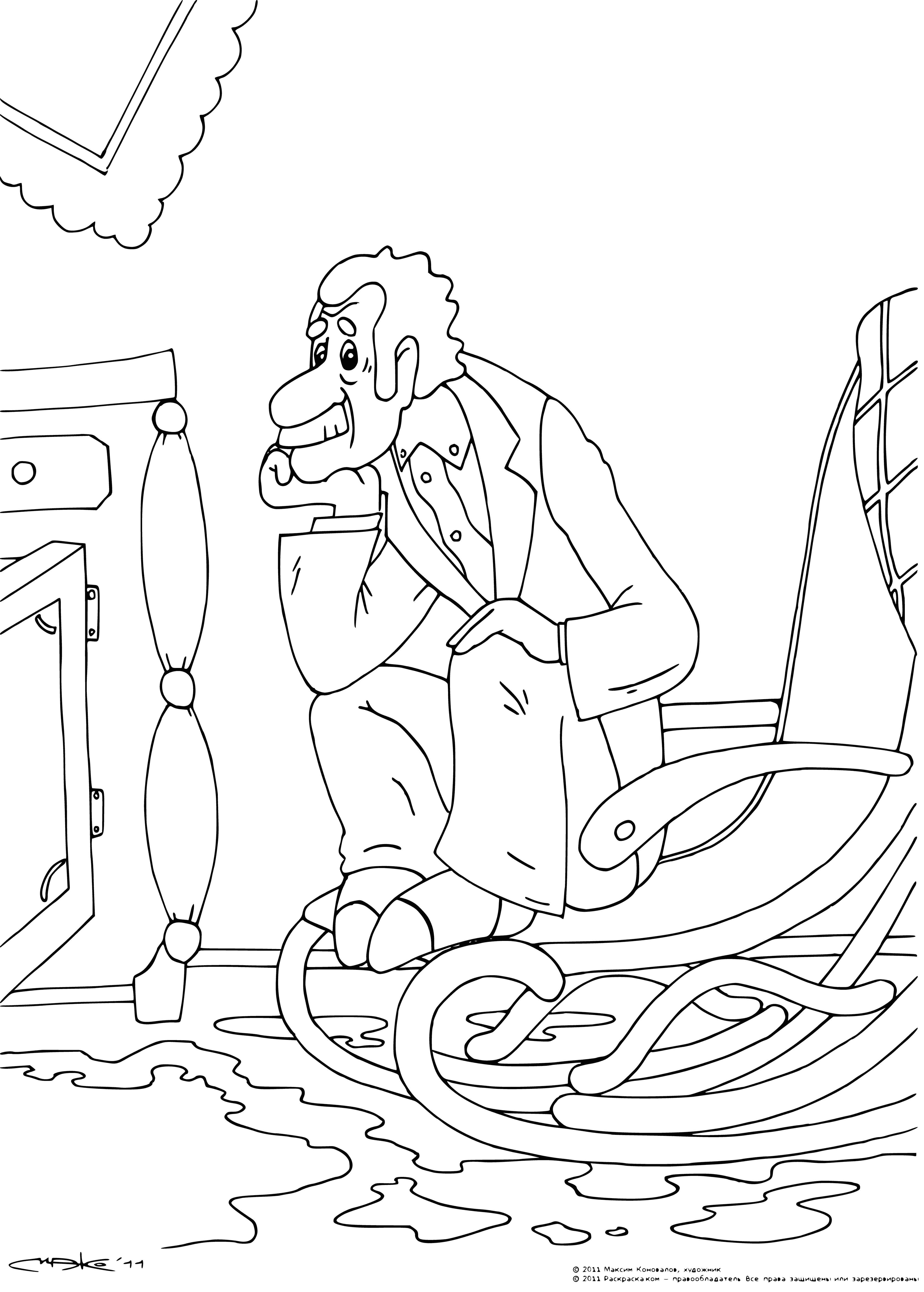 coloring page: Bobik the dog visits Barbos the cat, frisking around the garden and smelling flowers. Barbos smiles, watching Bobik.