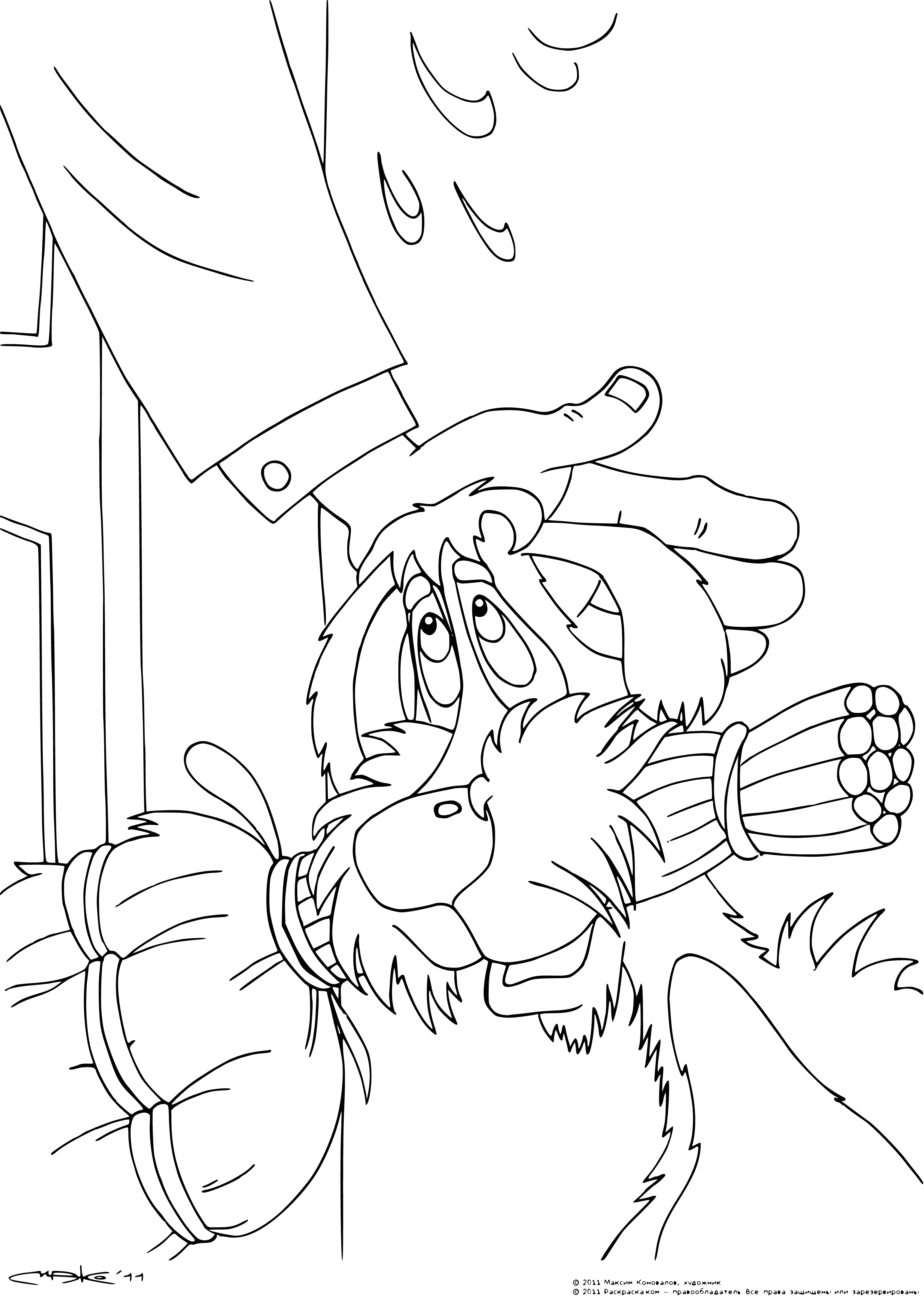 coloring page: Bobik visits Barbos as Grandfather watches. Barbos sits on the floor, looking up at Bobik.