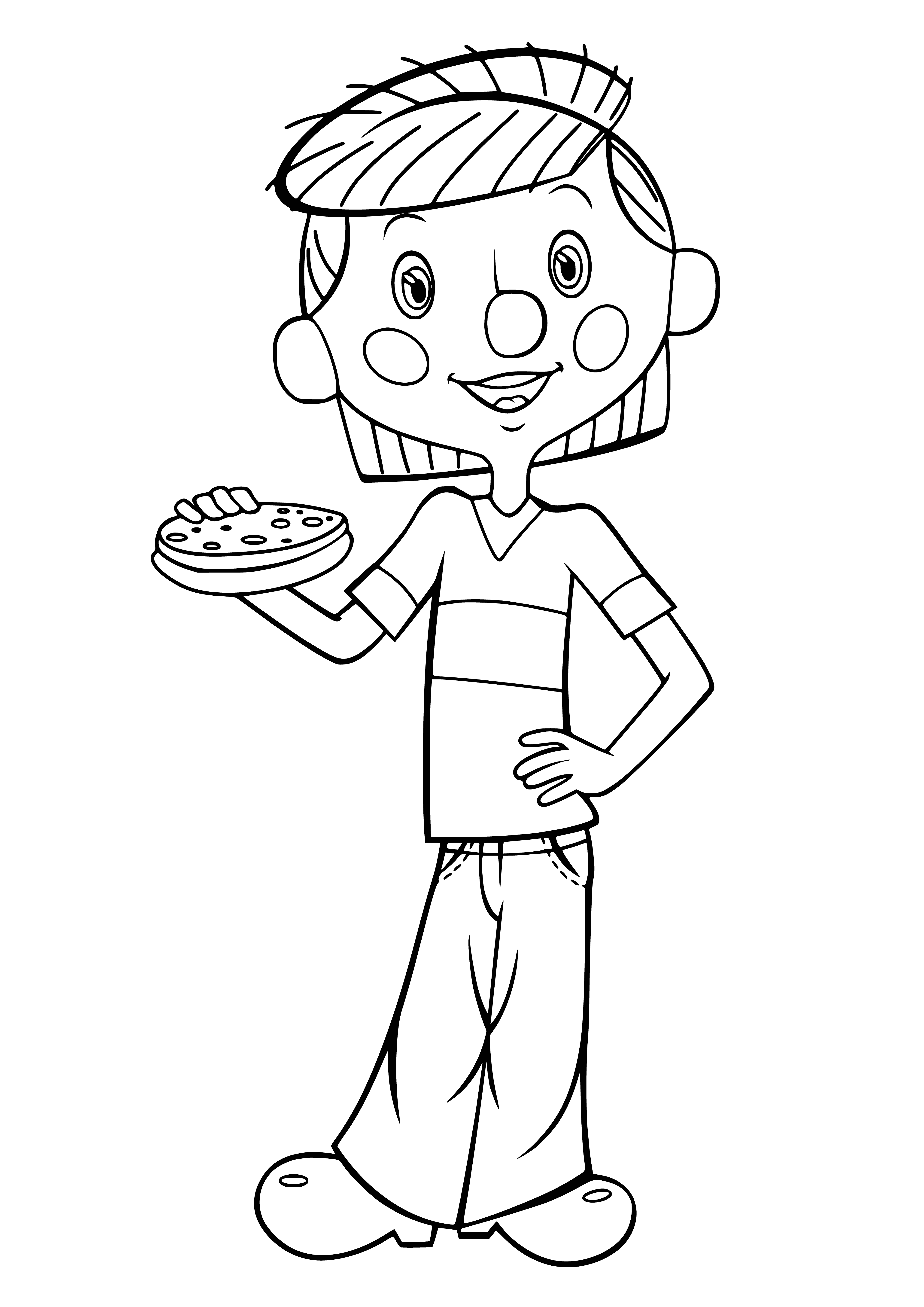 coloring page: Bearded man in coat & scarf enjoys plate of food, glass of milk & a book.
