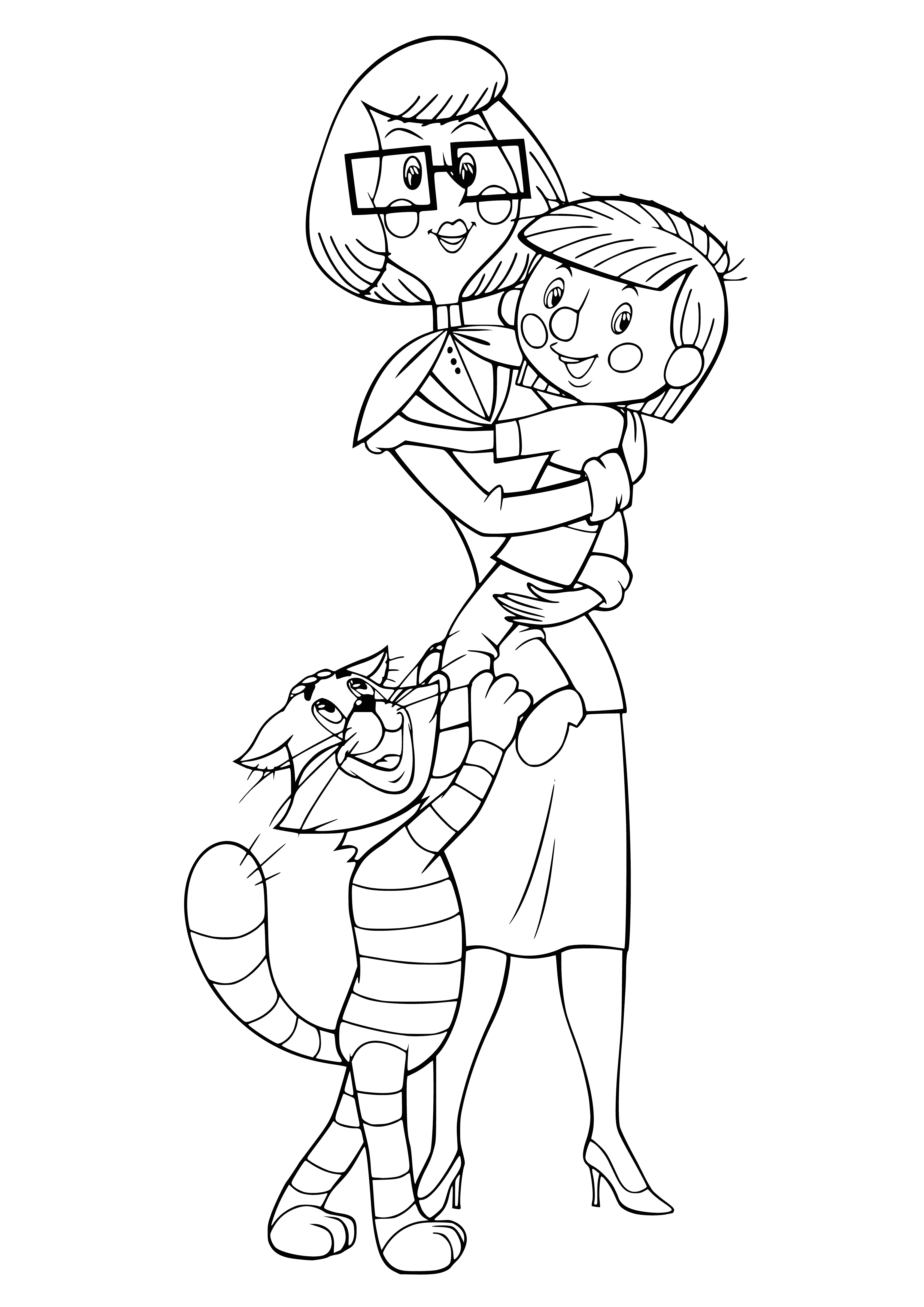 coloring page: A woman & man are standing behind & in front of a black & white cat with a yellow ribbon, the man holds a fishing rod & the woman a basket.