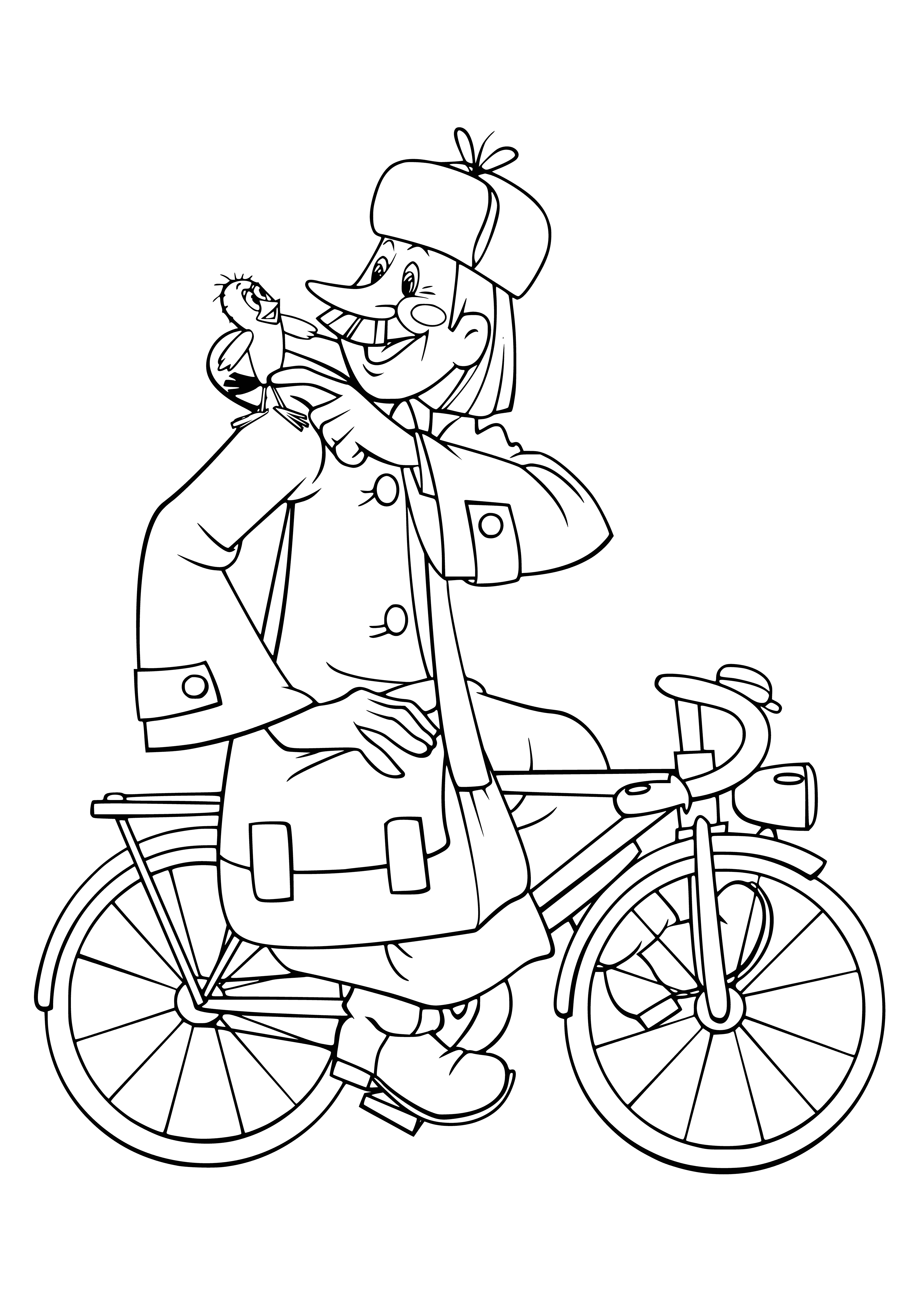 coloring page: Postman checks mailbox, dog looks on eagerly - both seem very happy.
