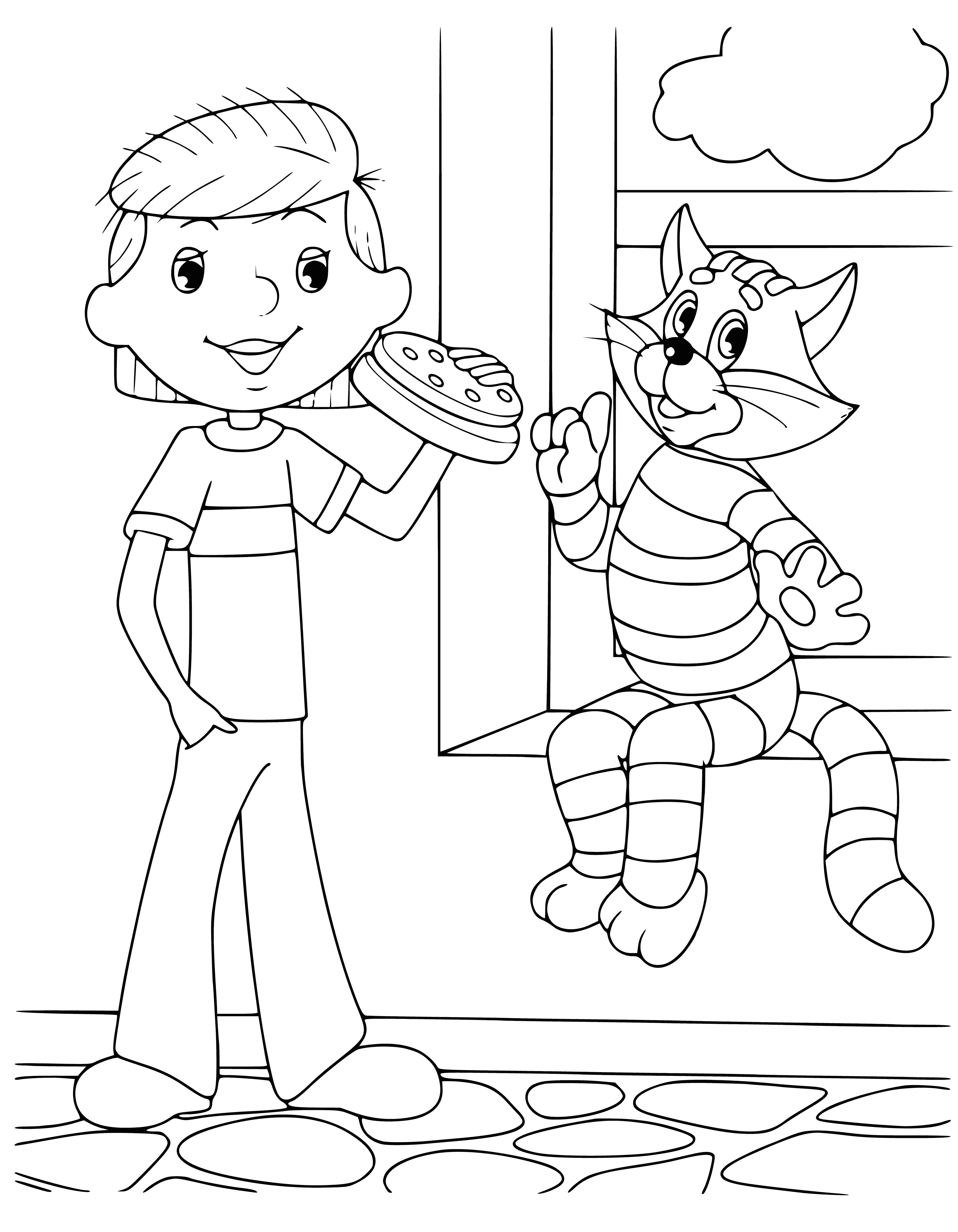 coloring page: Man standing on path leading to house in center of page, bag in hand; cat on edge of roof looking at him.