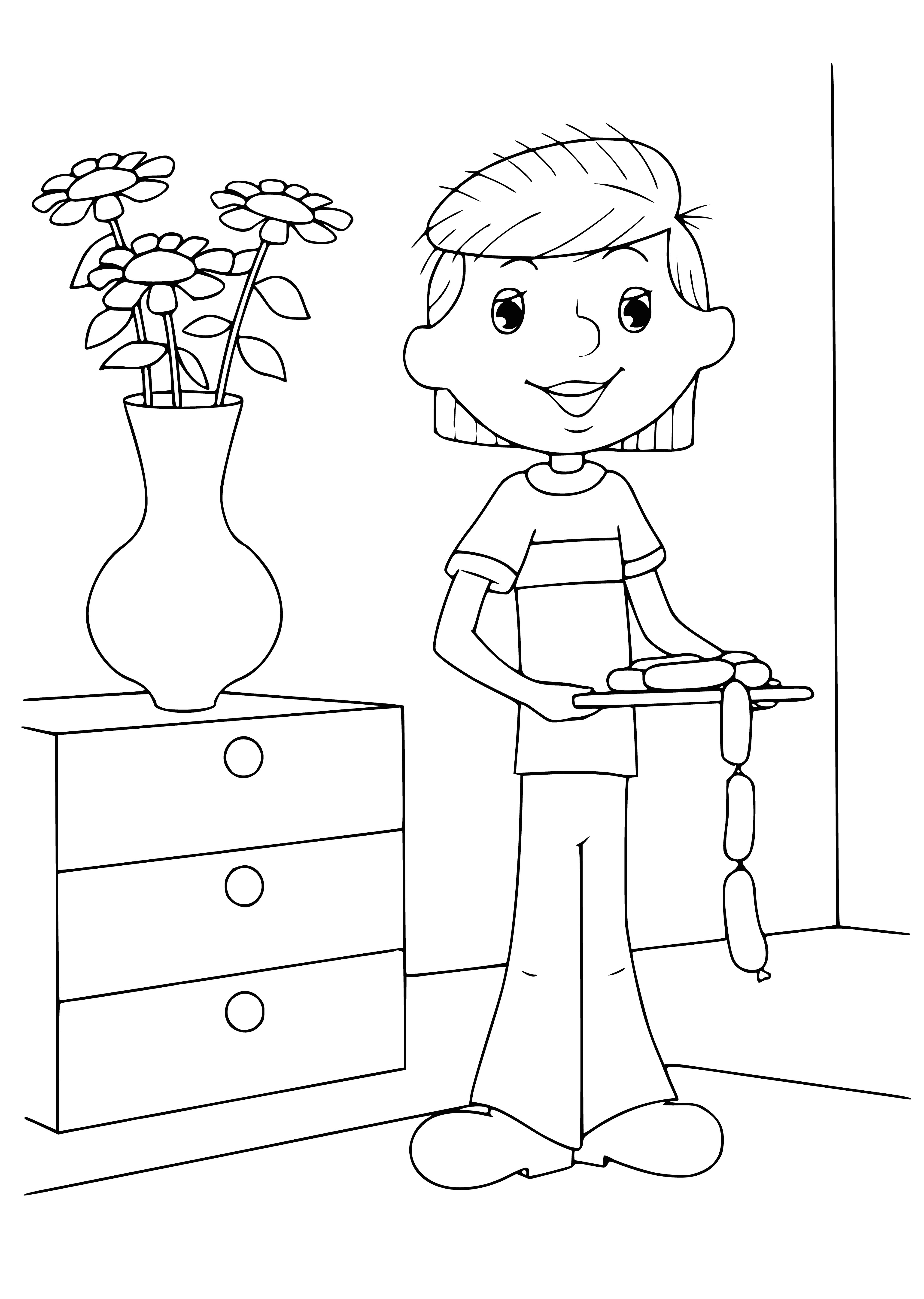 coloring page: Vintage village with a river, houses, trees, a large house and a barn, on top of a hill stands a church.