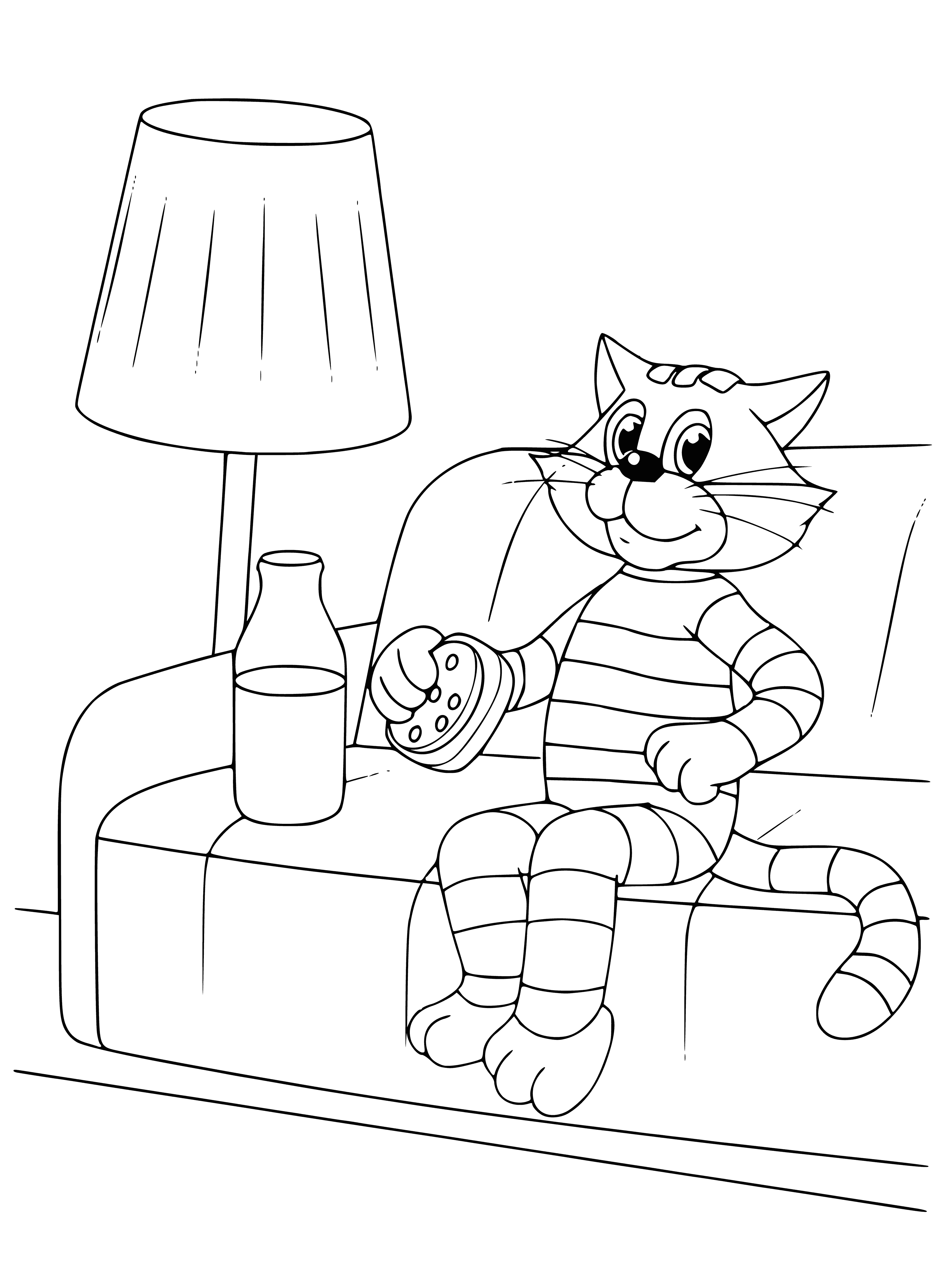 coloring page: Cat Matroskin stares blankly at a cheese & veggie sandwich in its paws.