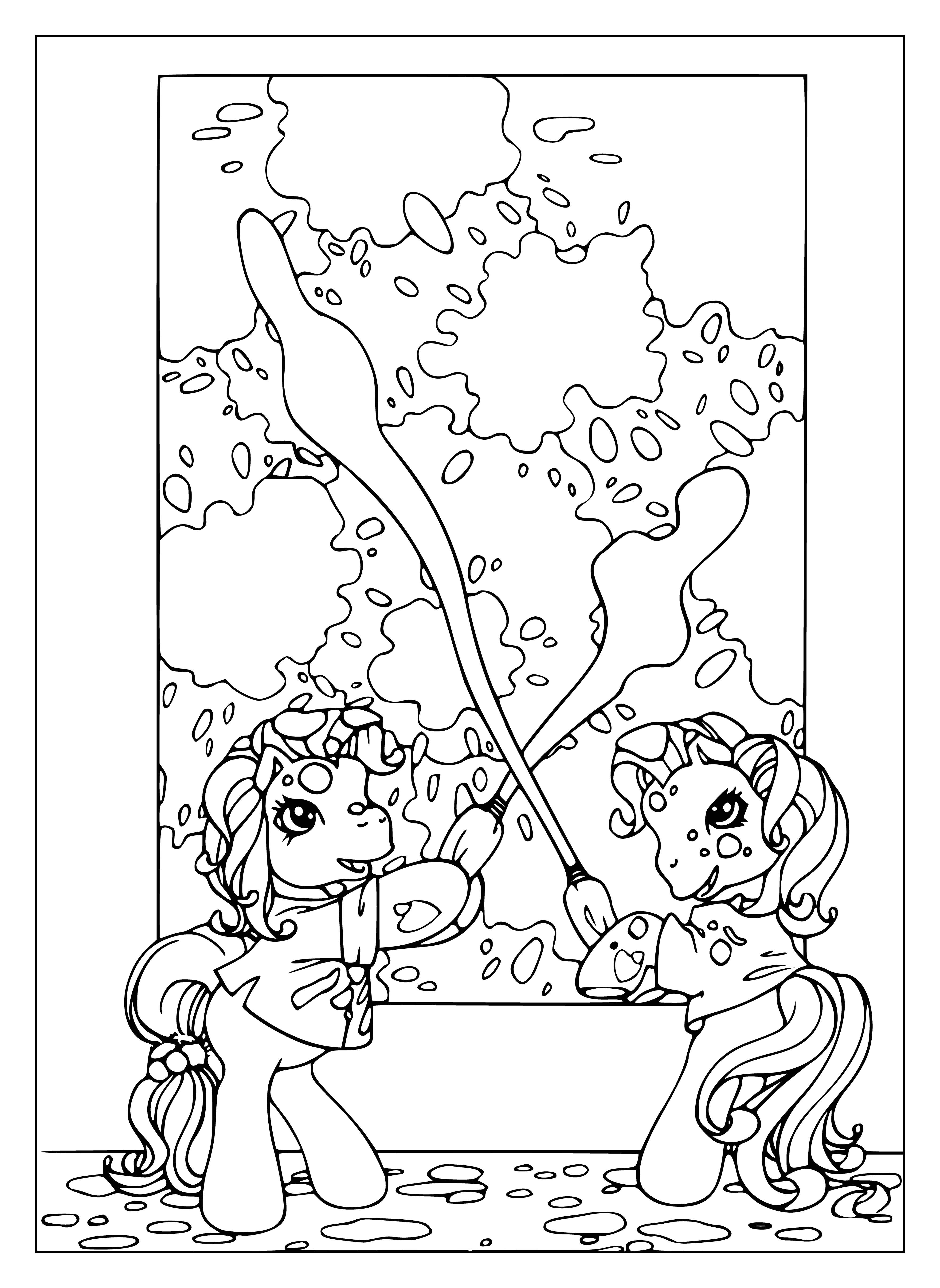 Deux poneys jouant avec des bulles de savon