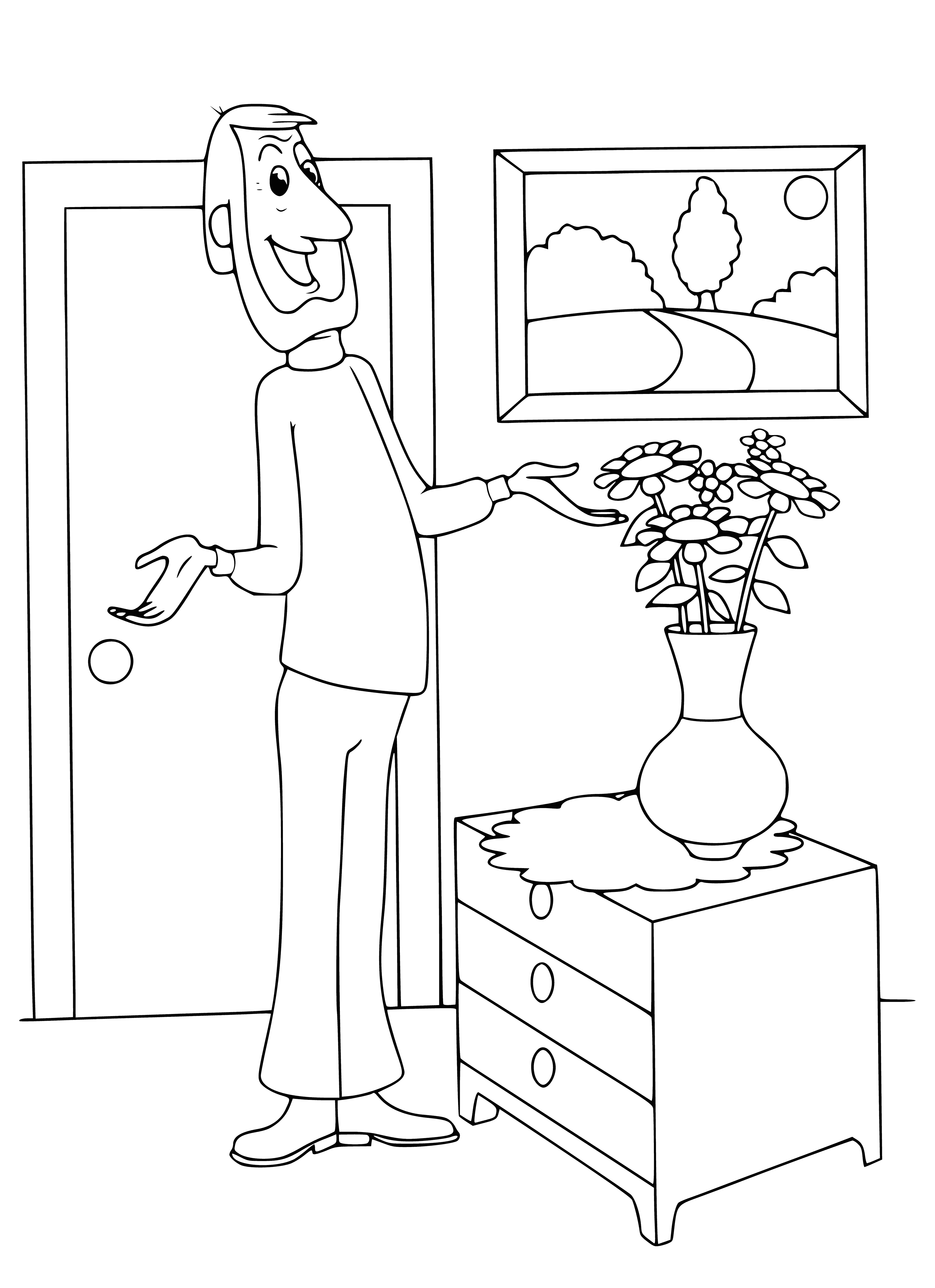 coloring page: Man in room, sitting in chair looking at book. Table in front of him, lamp on it.