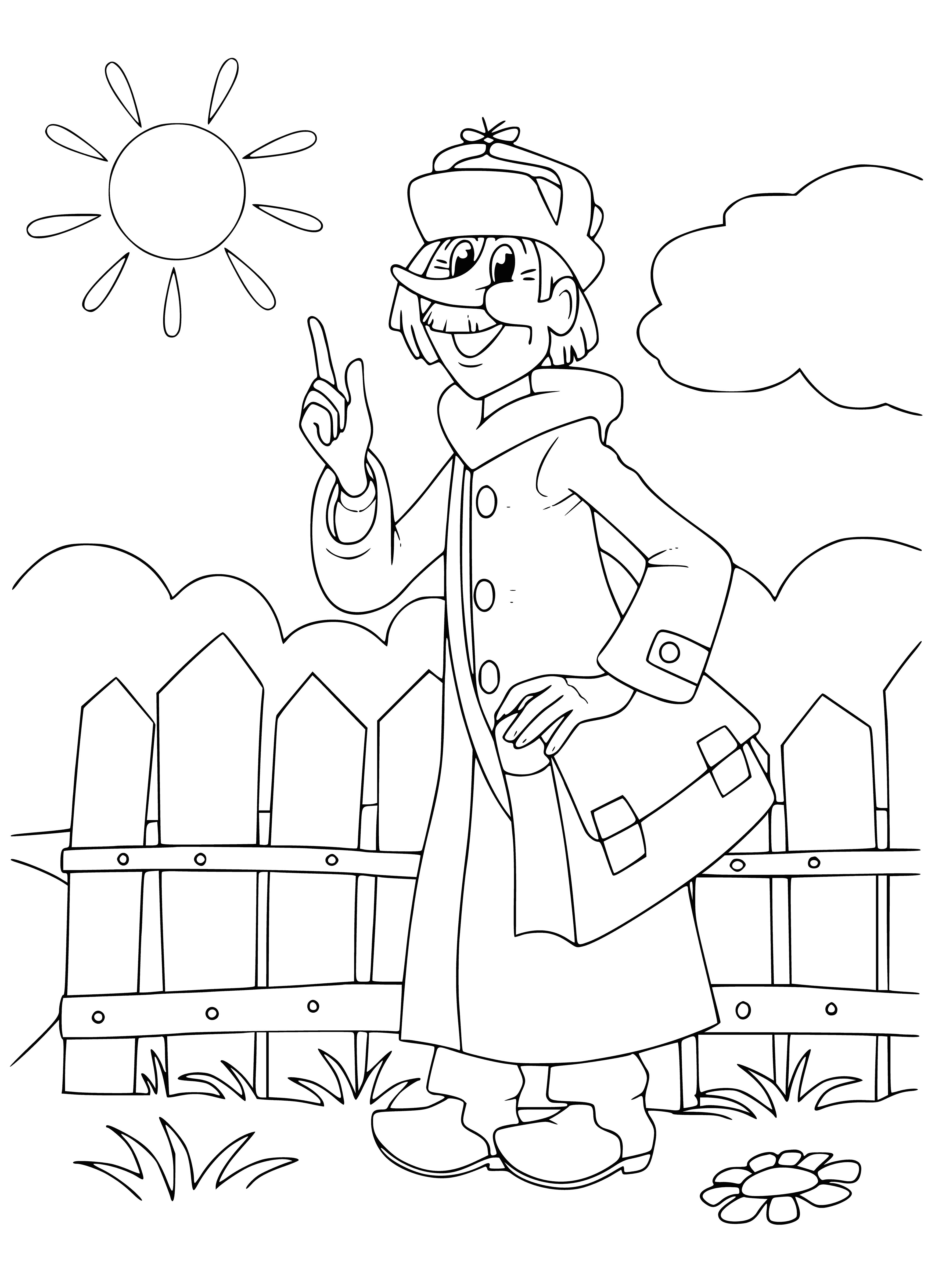 coloring page: Small village with houses of wood and stone. Red-hatted postman stands in front of the post office. #postman #village