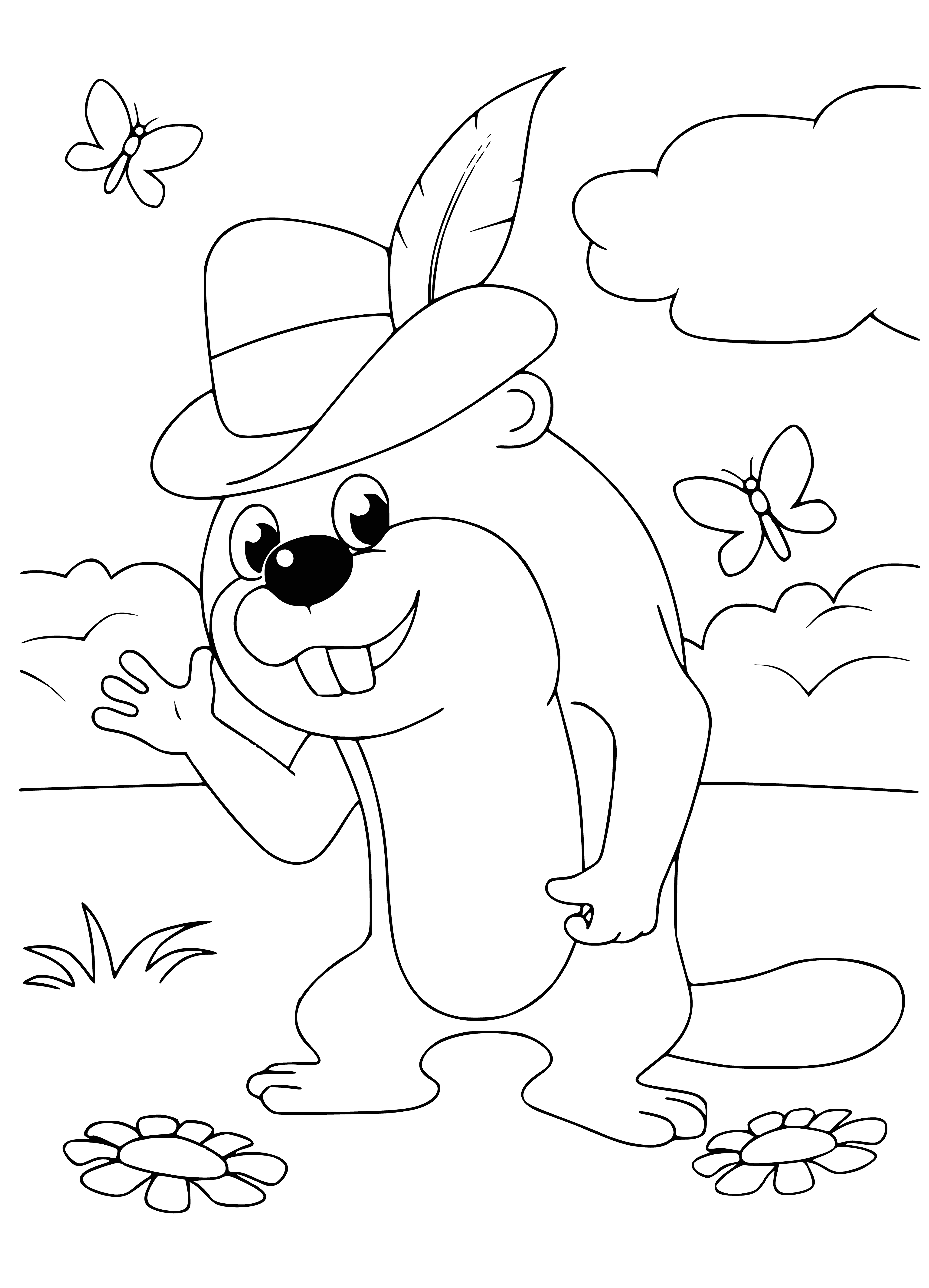 coloring page: Beaver rows log to shore while dog watches.