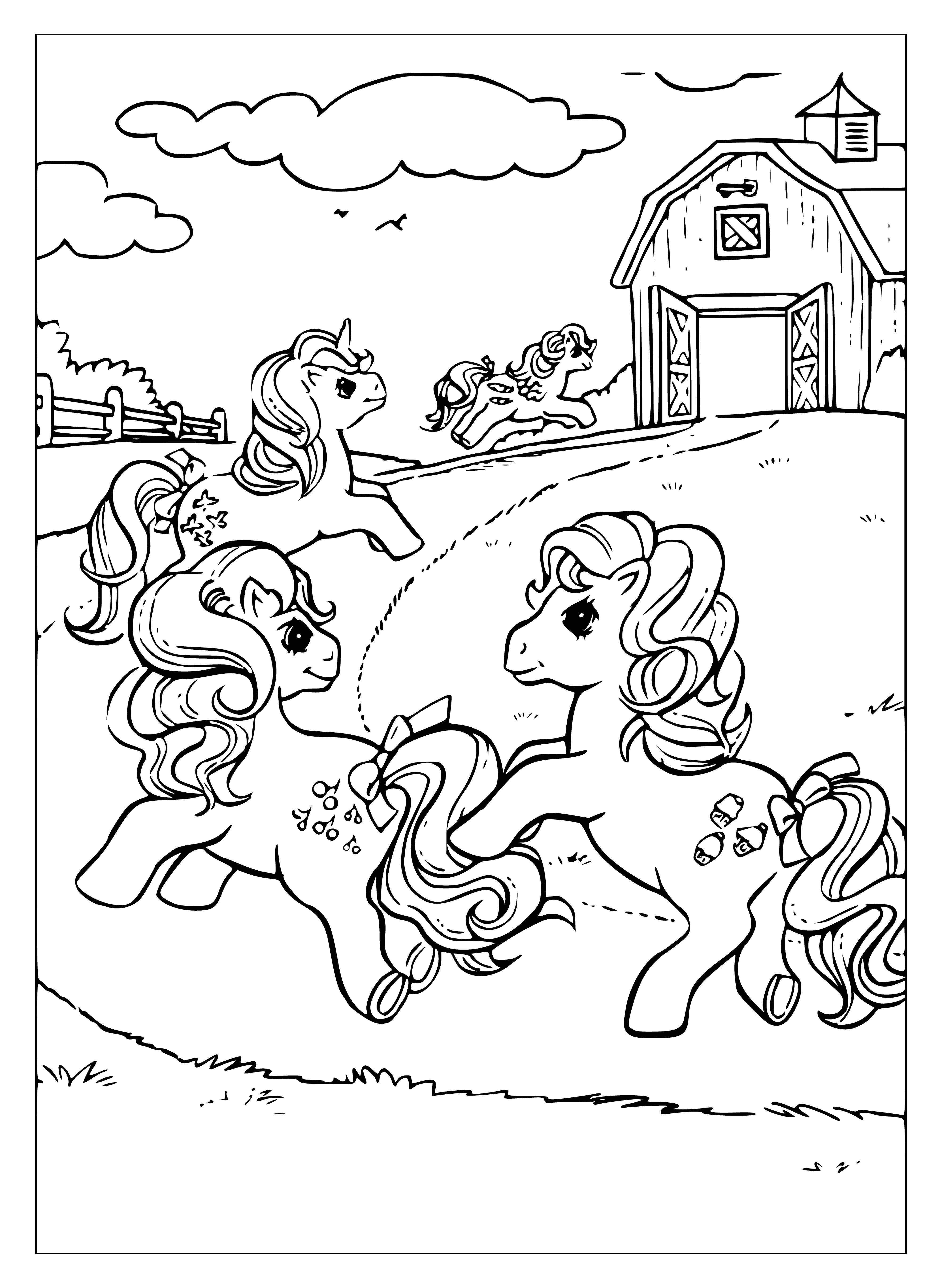 Coloring with three little ponies on the background of the farm