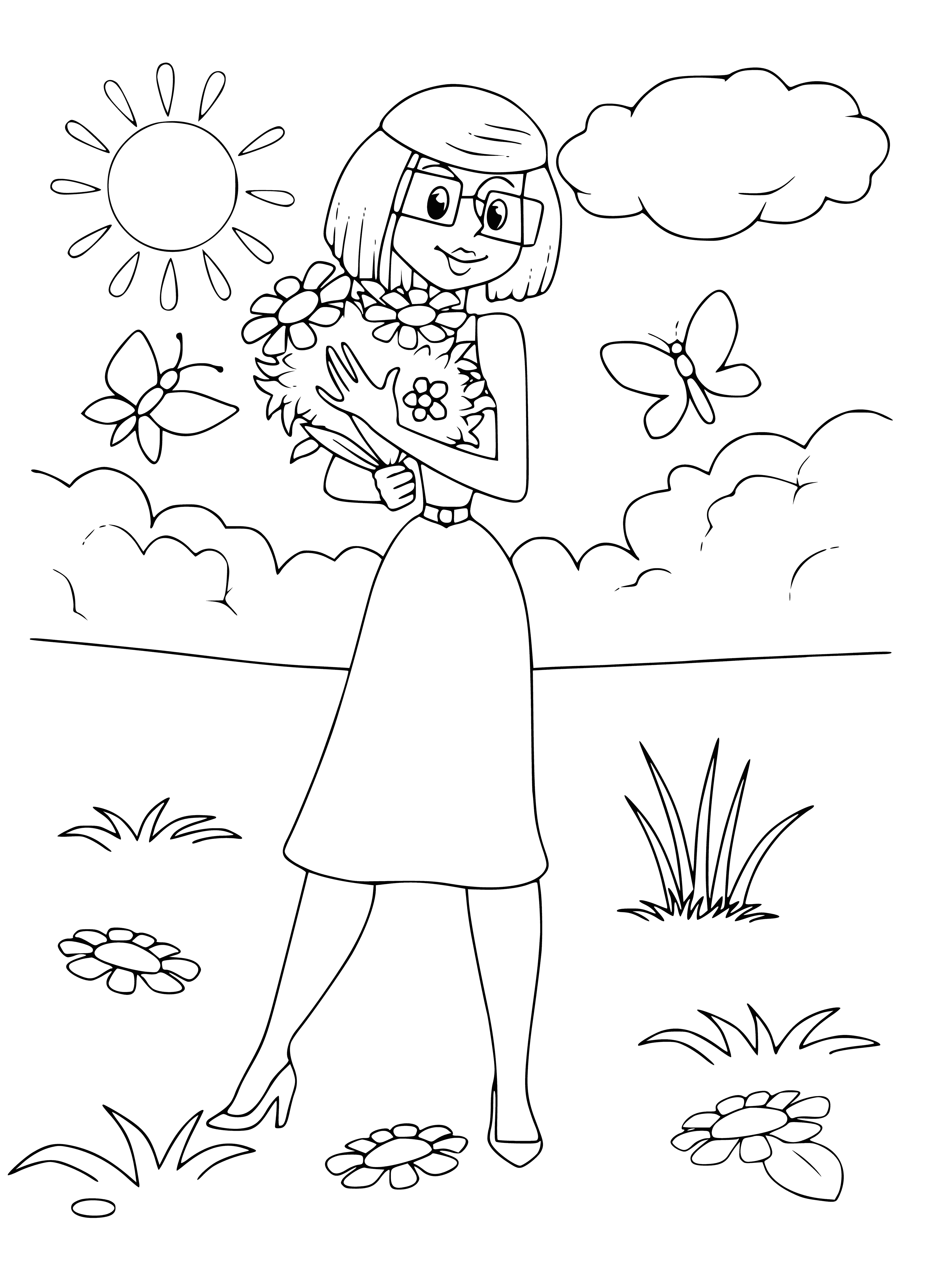 coloring page: Mom stands in kitchen wearing blue dress and apron with stove, table, cookies and tea. In her right hand she holds a spoon. #Prostokvashino