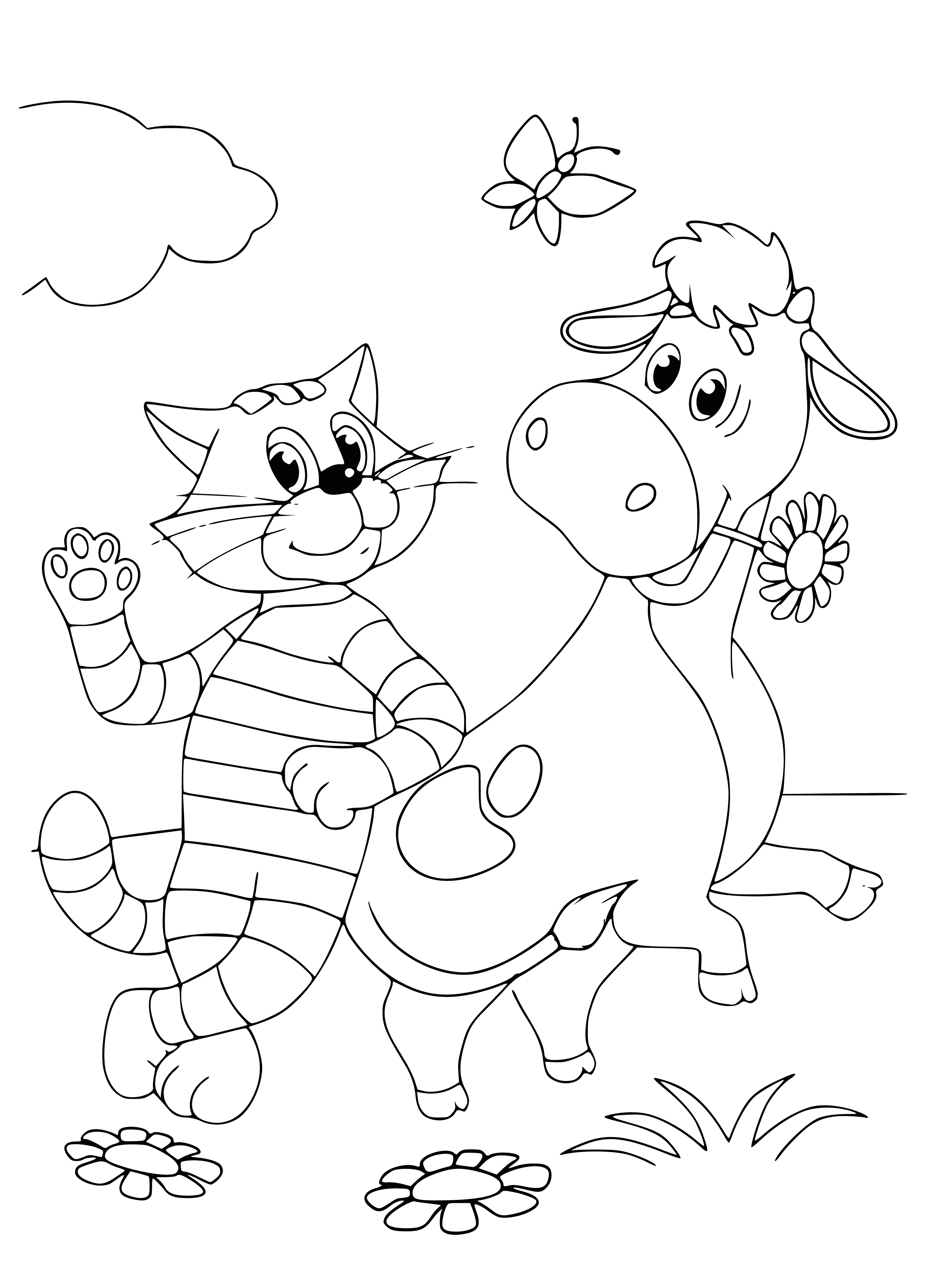 coloring page: Black cat & white calf meet on a dirt road. Cat looks at calf, calf looks at cat with big eyes, wooden cart full of hay nearby.