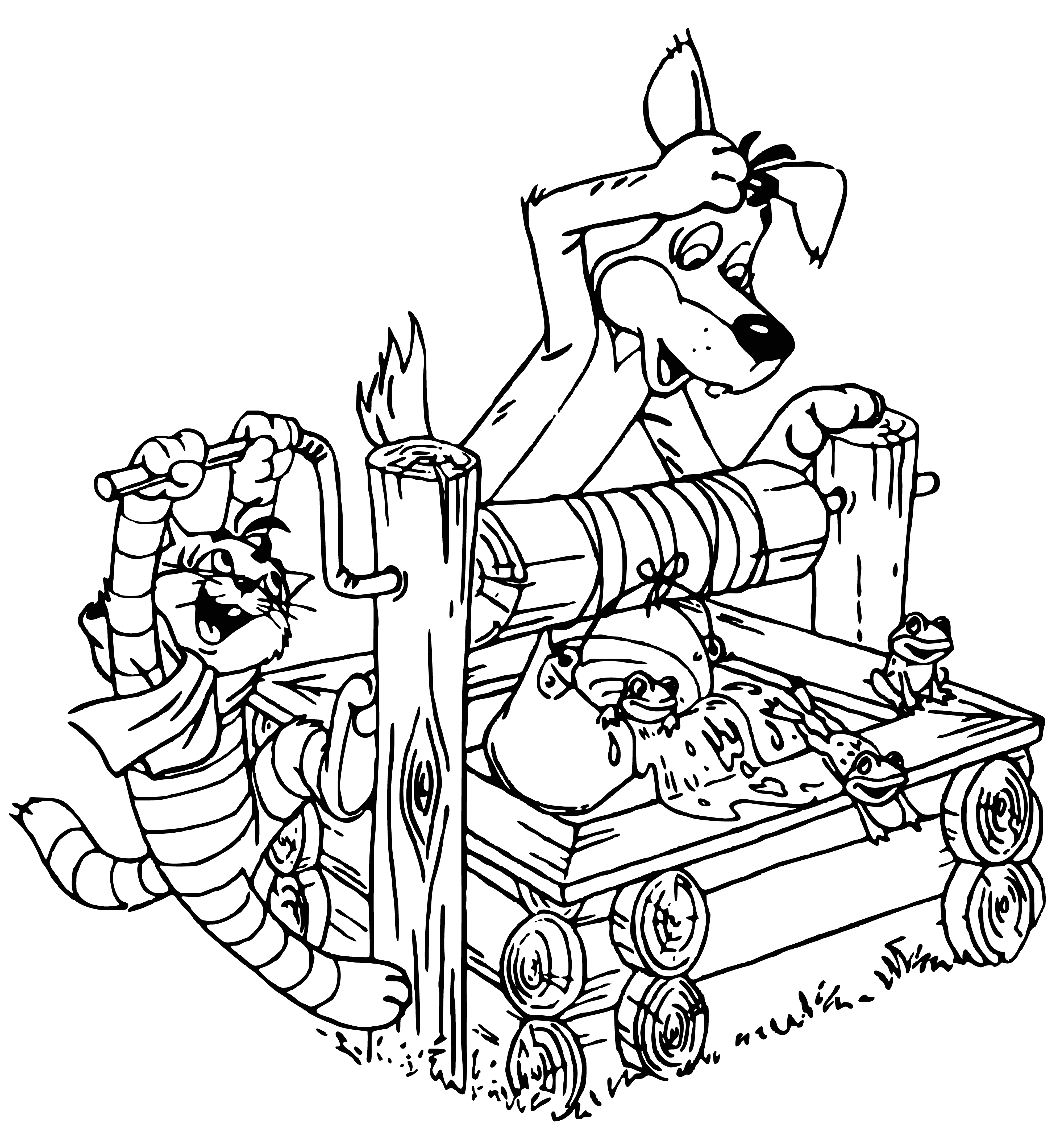 coloring page: Three green frogs in a stone well, conversing and staring ahead.