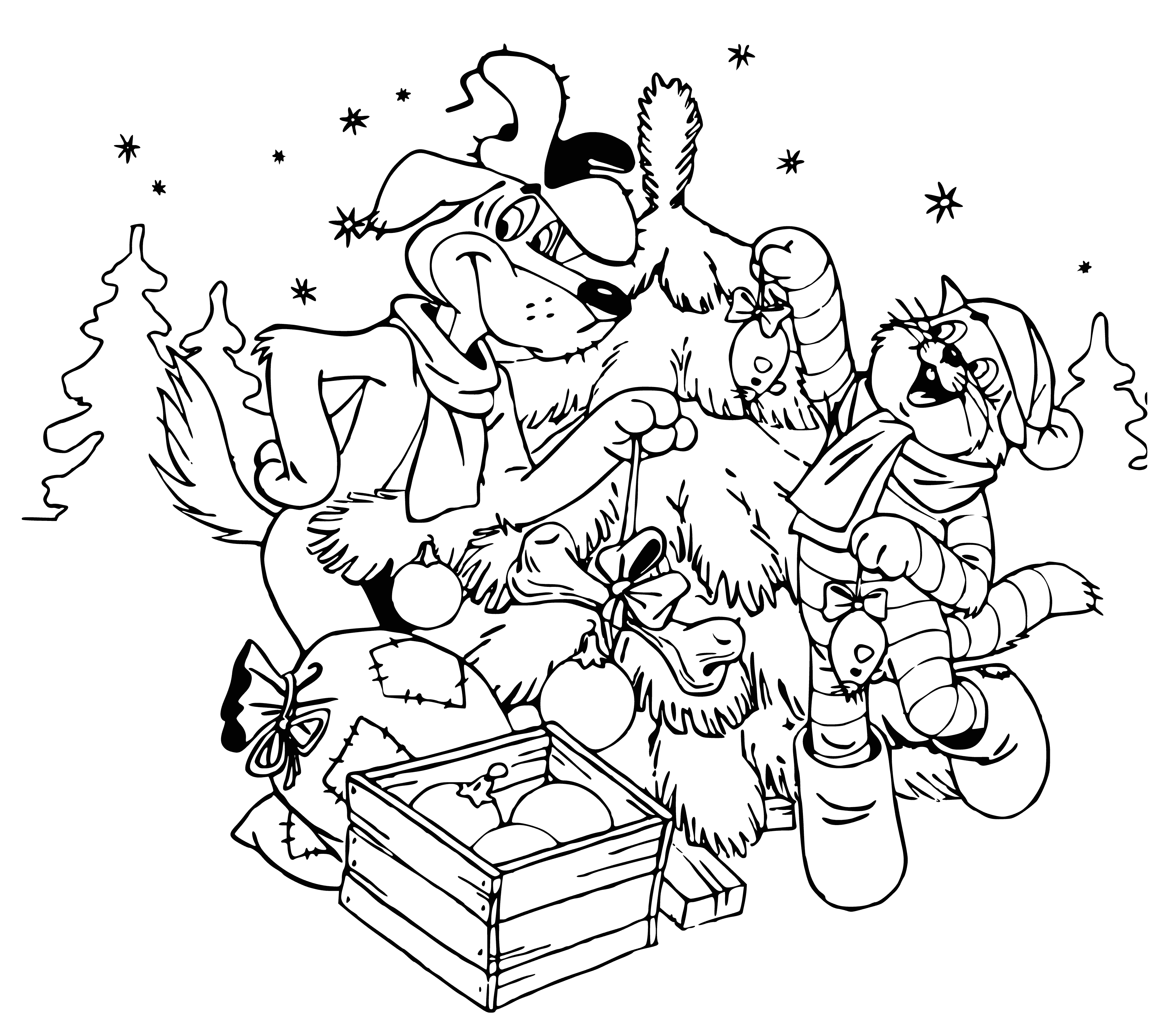 coloring page: Animals decorate a Christmas tree with bows, garlands, star & lights to make it look festive.