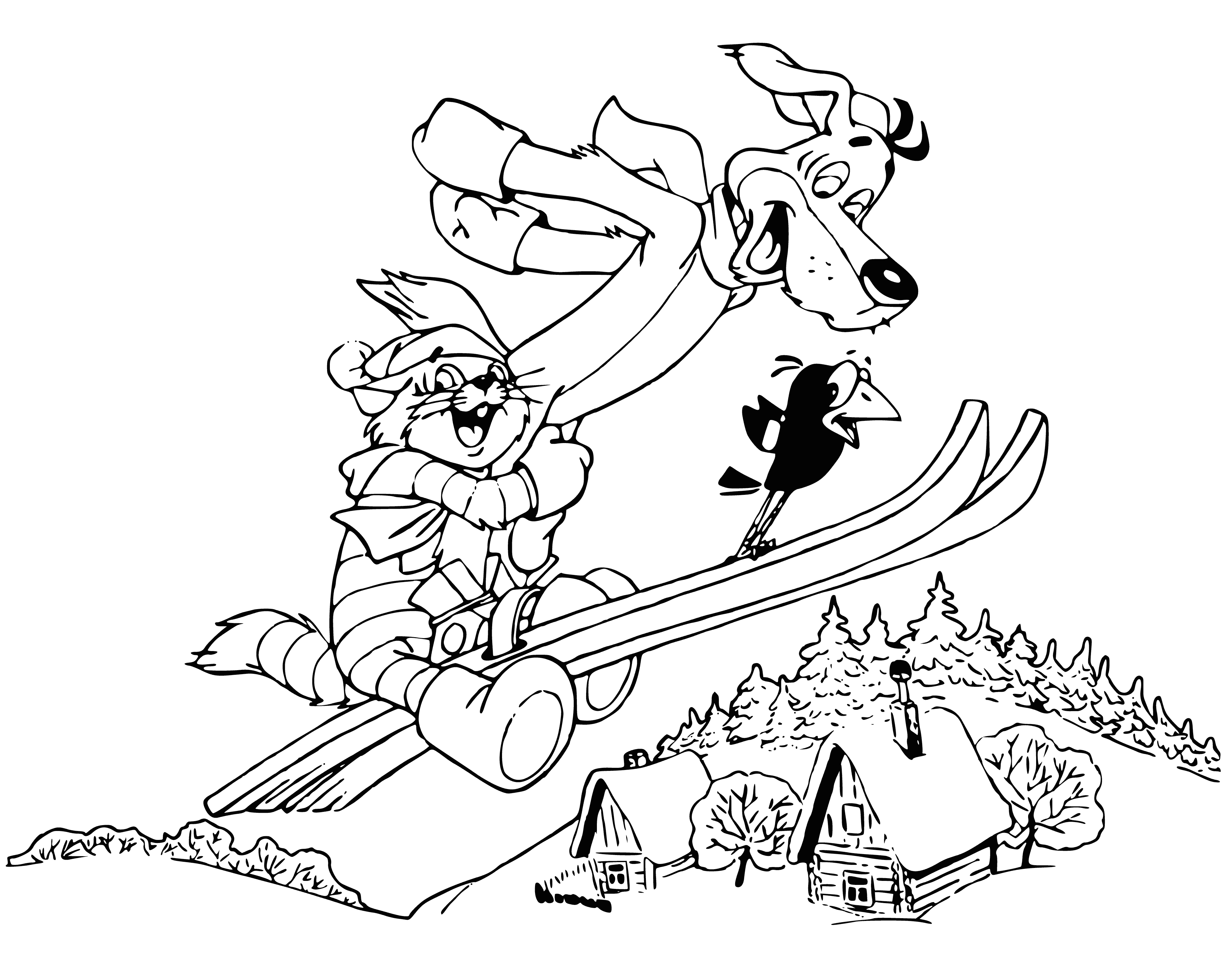 coloring page: Two furry friends ski on a field with a few trees; one wearing red, the other wearing blue.