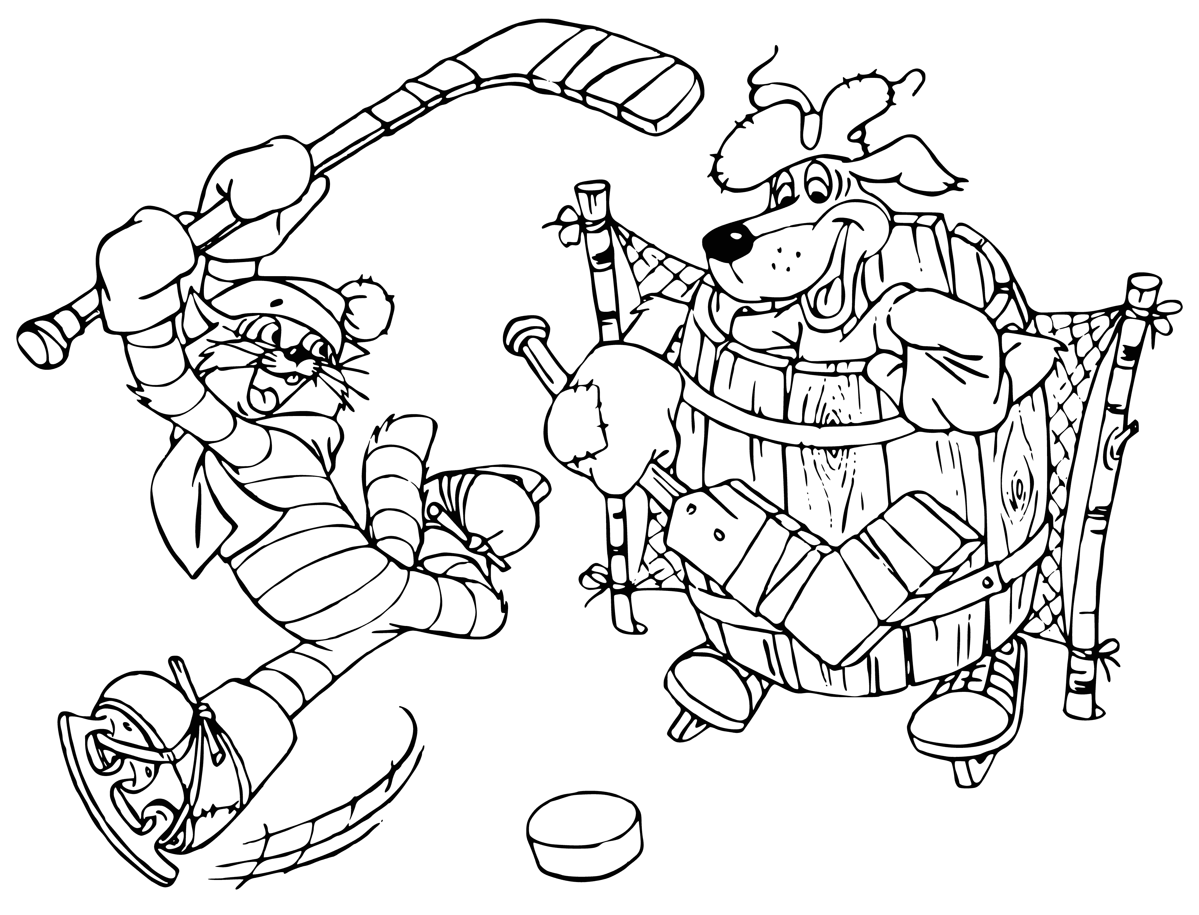 coloring page: Two dogs playing hockey on a frozen pond: Matroskin in a uniform, Sharik in fur. Fun-filled match with stick-handling and net-hitting.