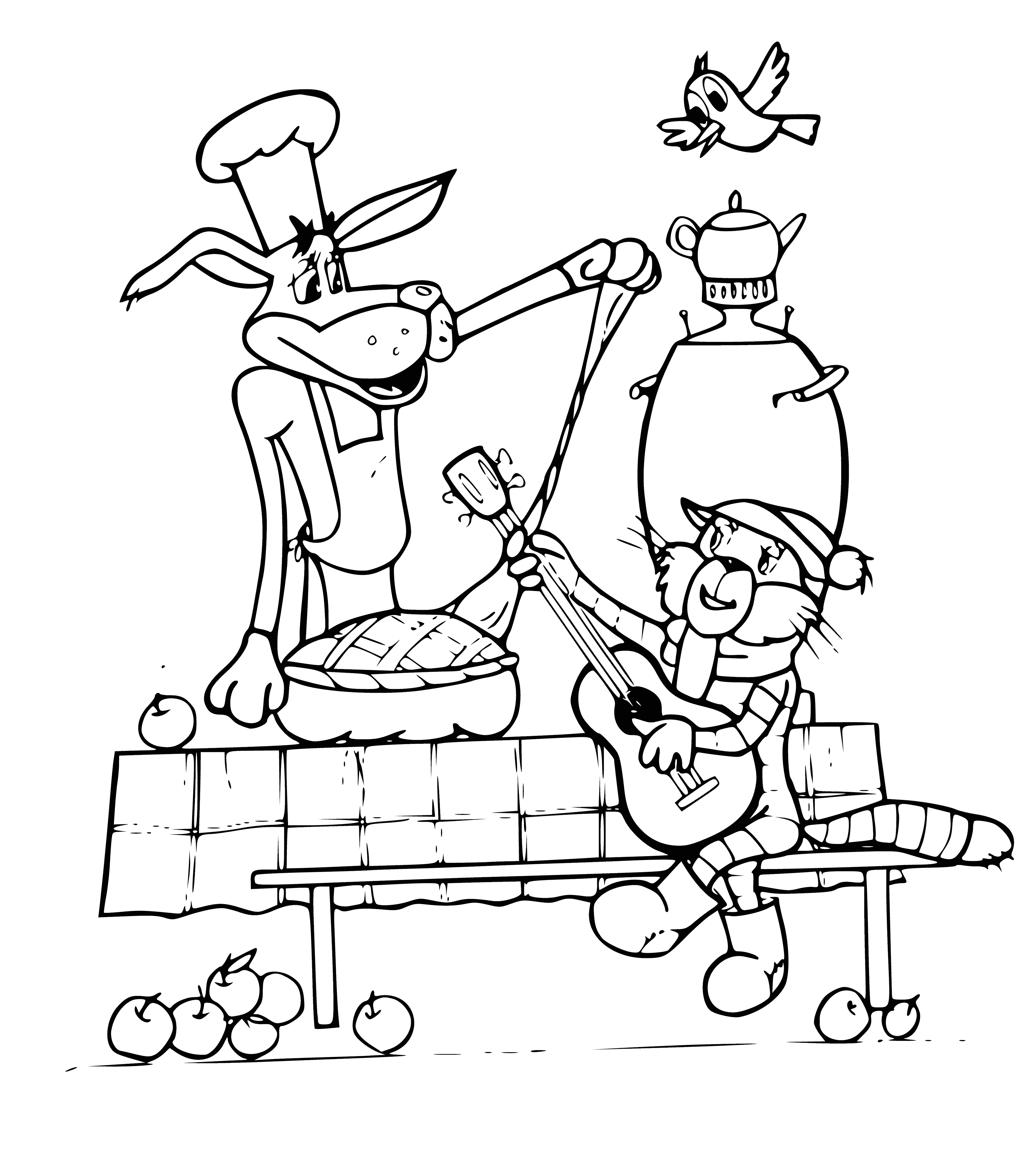 coloring page: At Prostokvashino live Sharik (dog) & Matroskin (cat). Sharik stands on hind legs & paws on Matroskin who looks unimpressed & has tongue out.