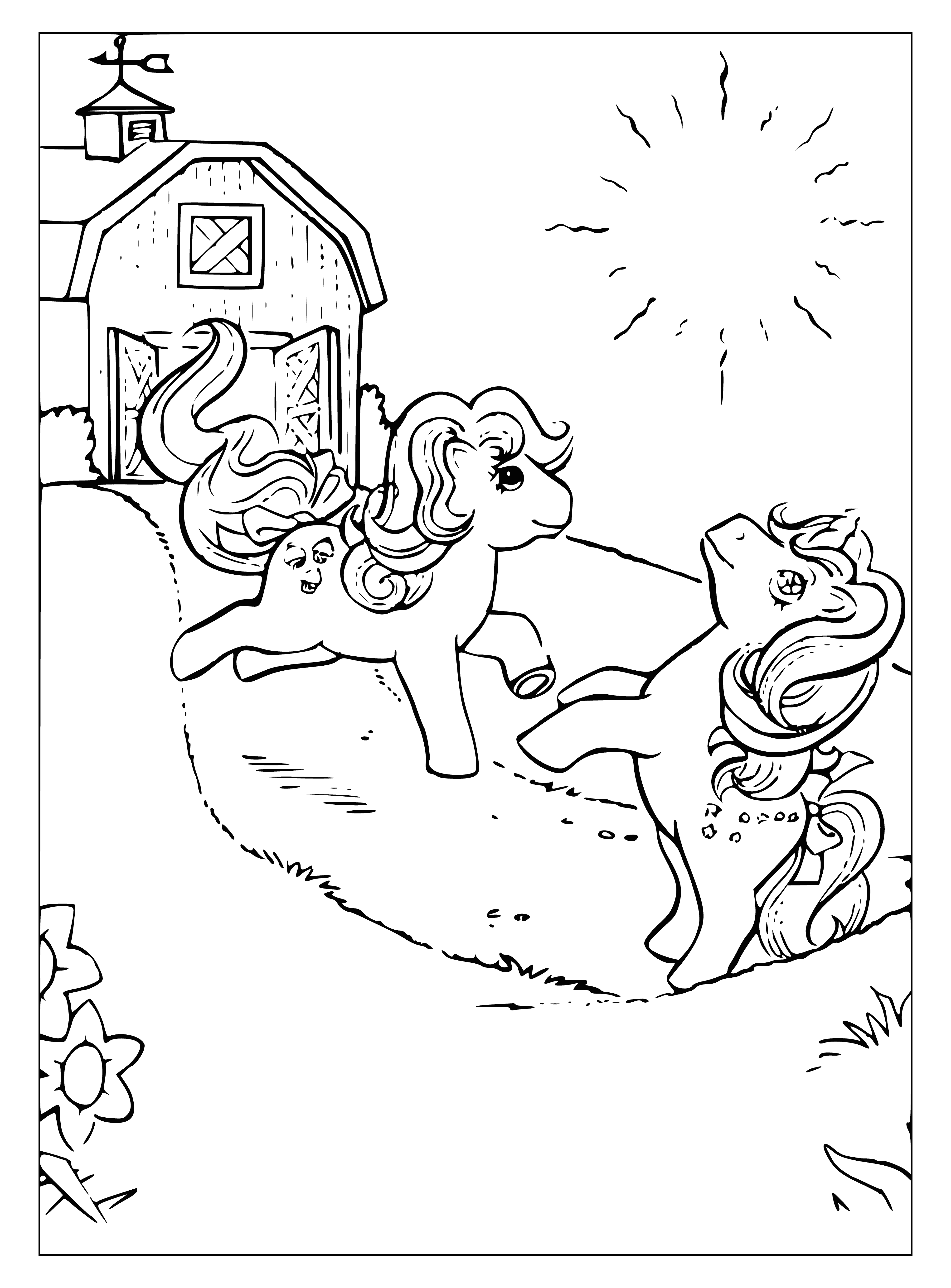 Colorear niños con un pony en el fondo de un cobertizo y sol