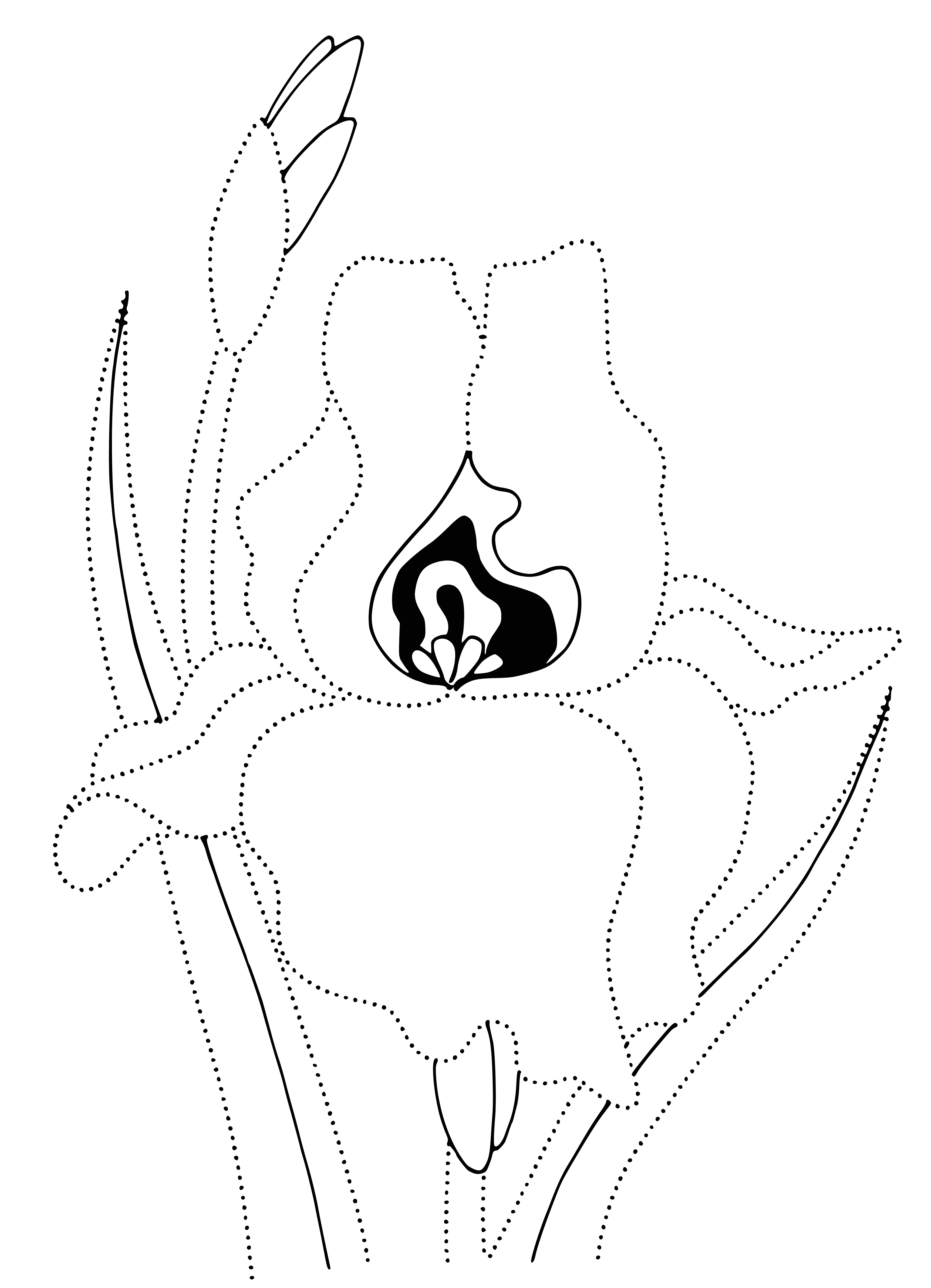 coloring page: A close-up of an iris flower; petals purple/yellow, center yellow, stem green w/ leaves.