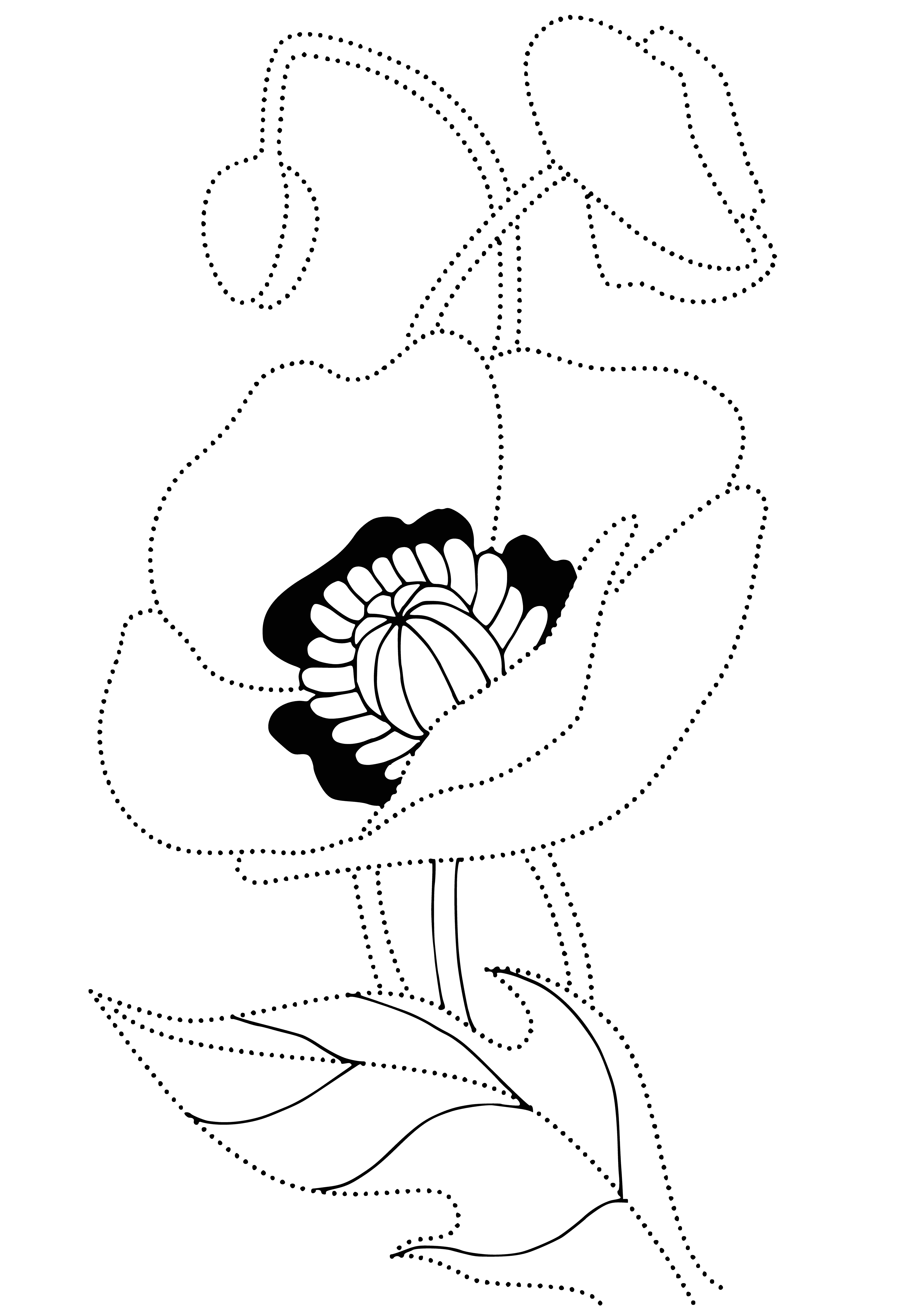 coloring page: Two types of flowers, one large and dark, small and light. Long stem on the large one and short stems on small ones. Leaves on ground.