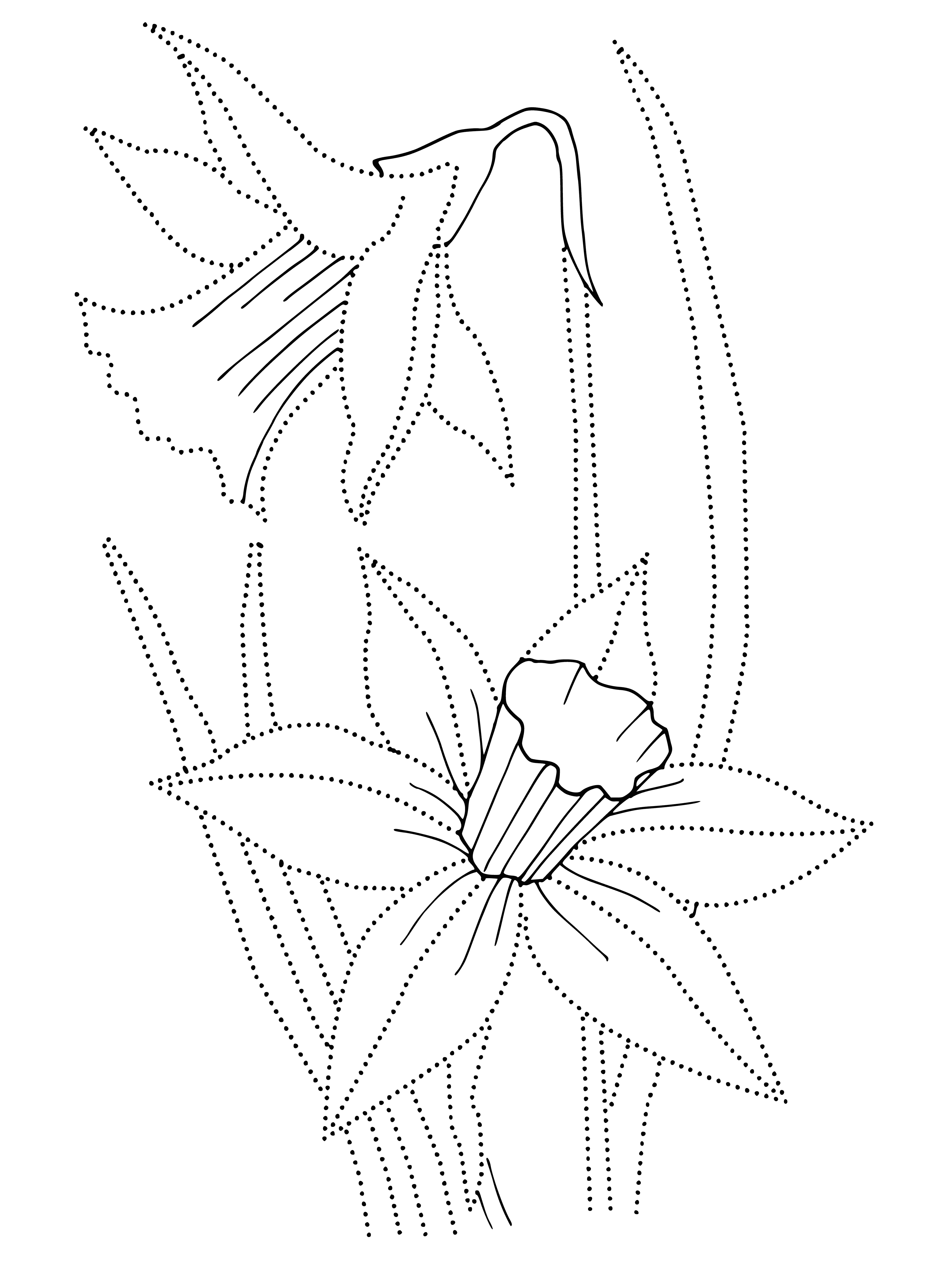 coloring page: A yellow flower with a green stem and curved petals is surrounded by small green leaves. #Flower #ColoringPage #Nature