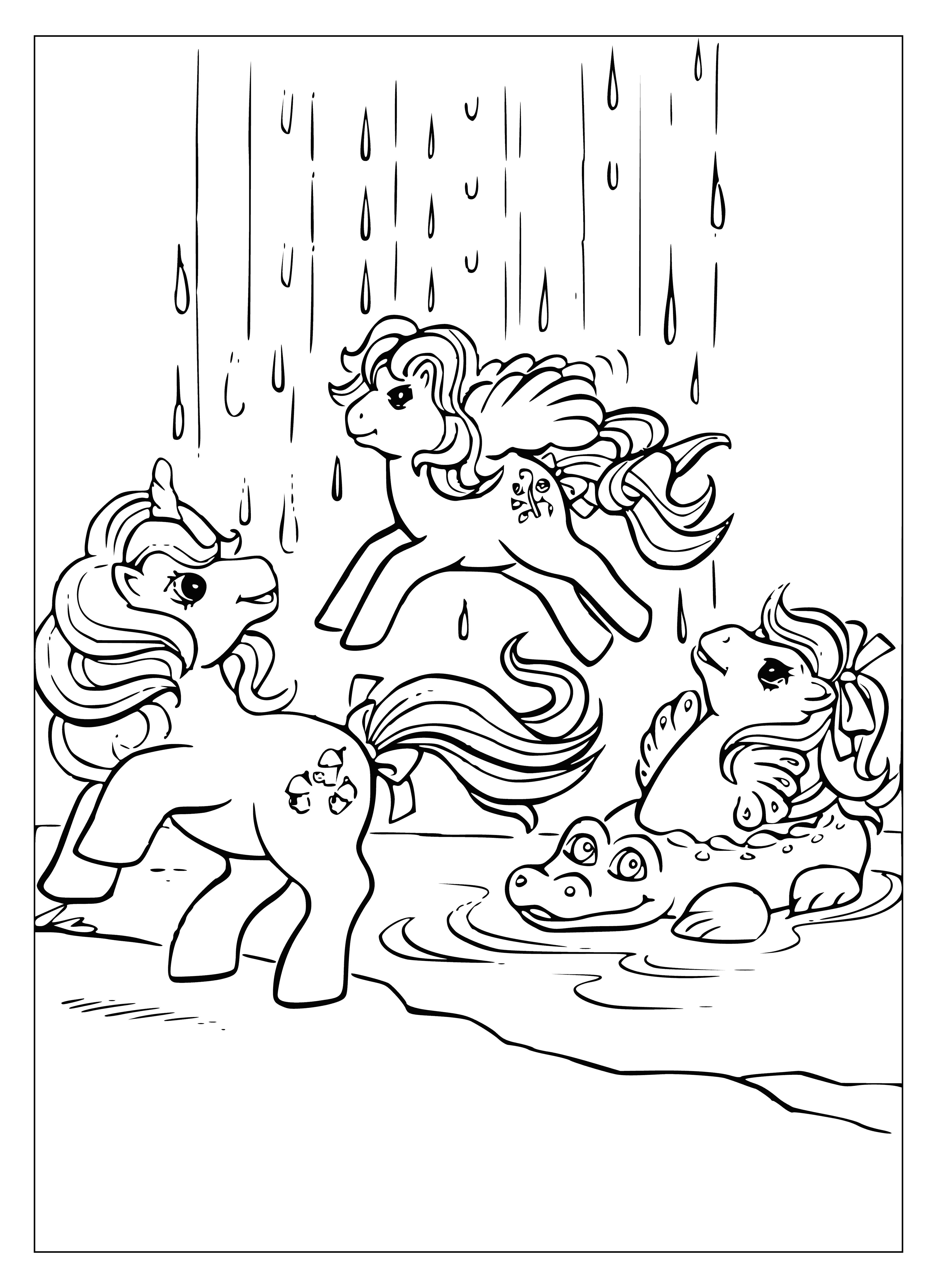 Three cute little ponies on a coloring book playing in the rain