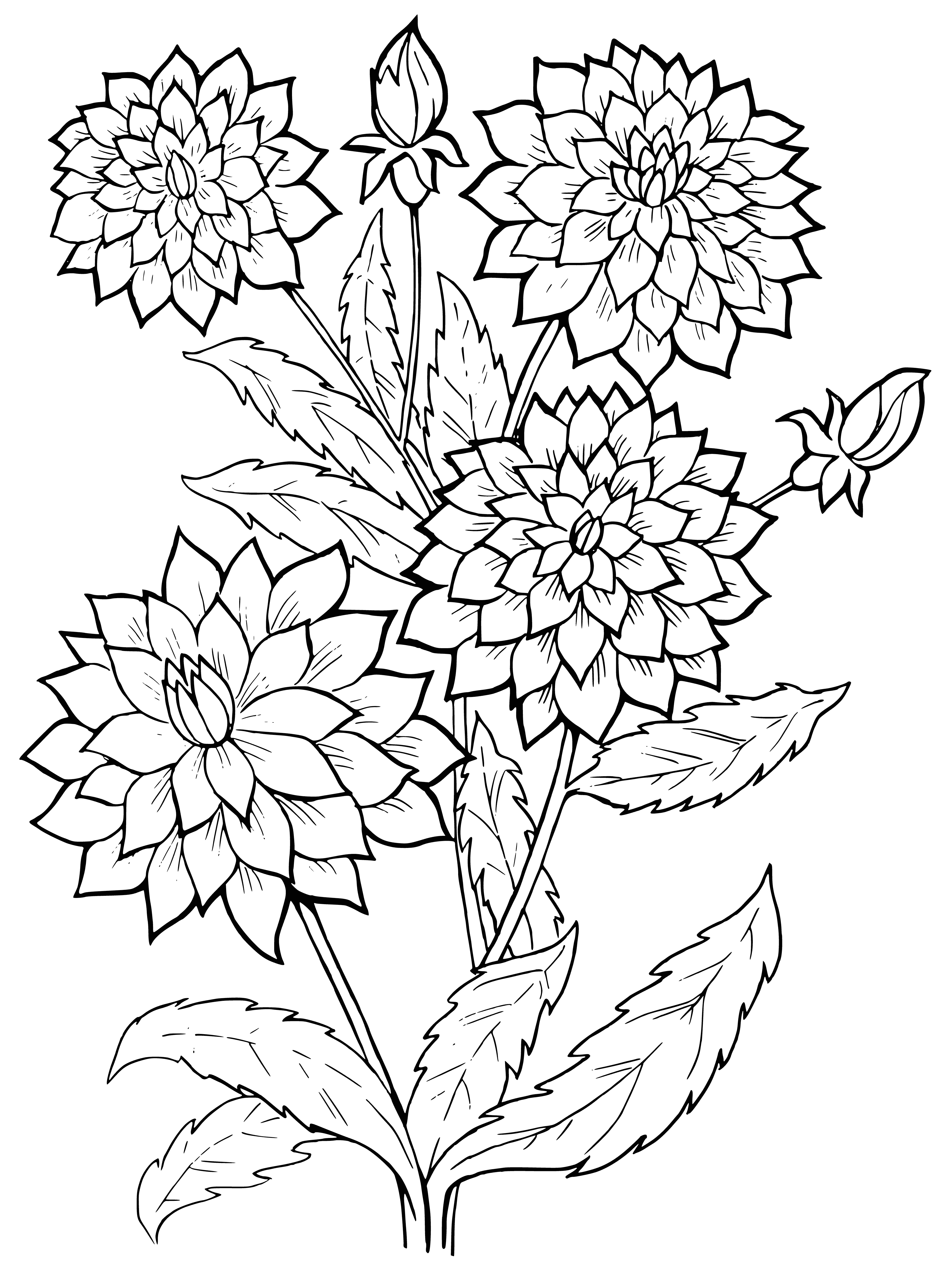 coloring page: A flower w/ purple petals in a spiraling pattern, yellow & green center, & green jagged-edge leaves around the base.