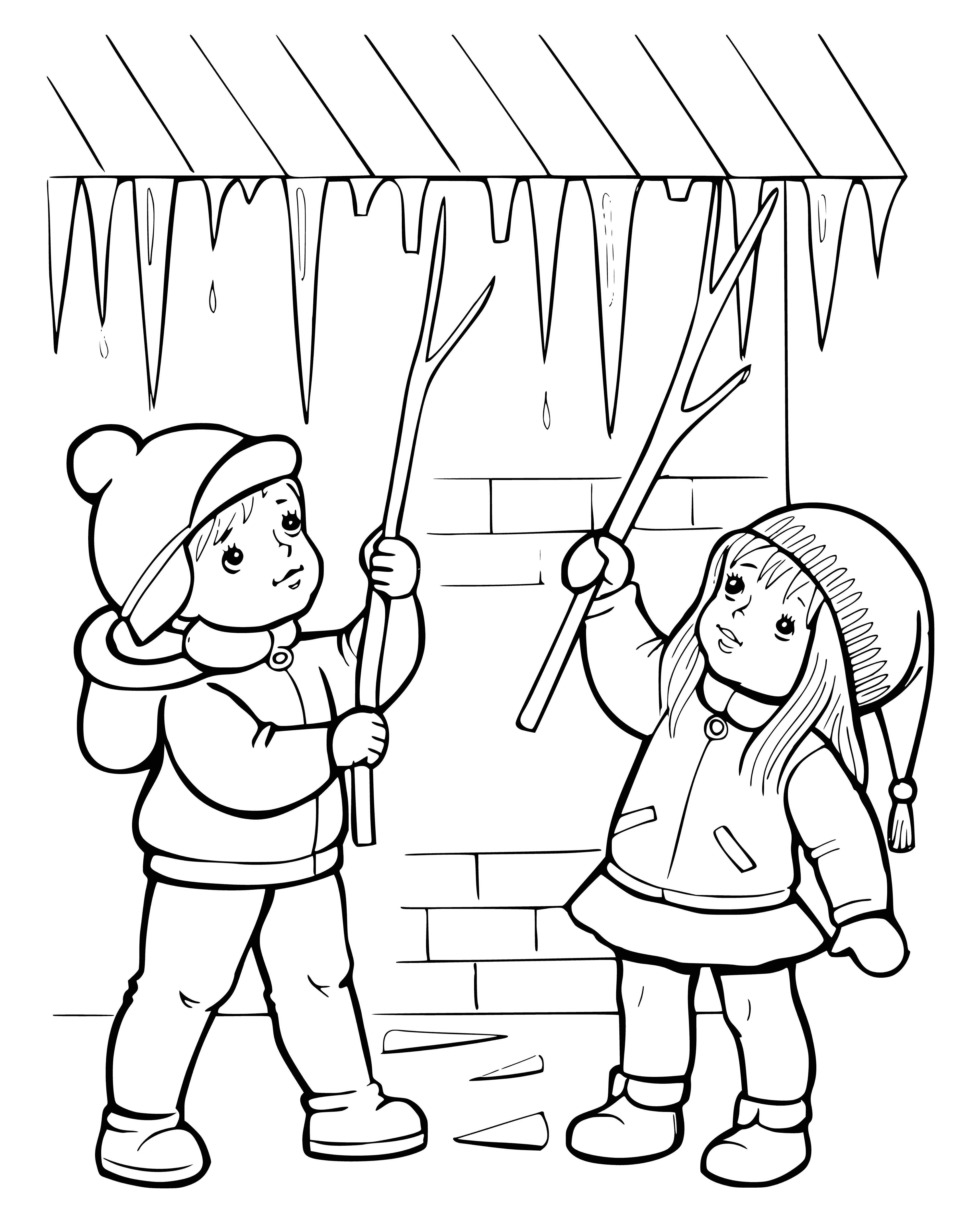 coloring page: Coloring pages show diff. icicles melted, dripping, hanging from trees/roofs.