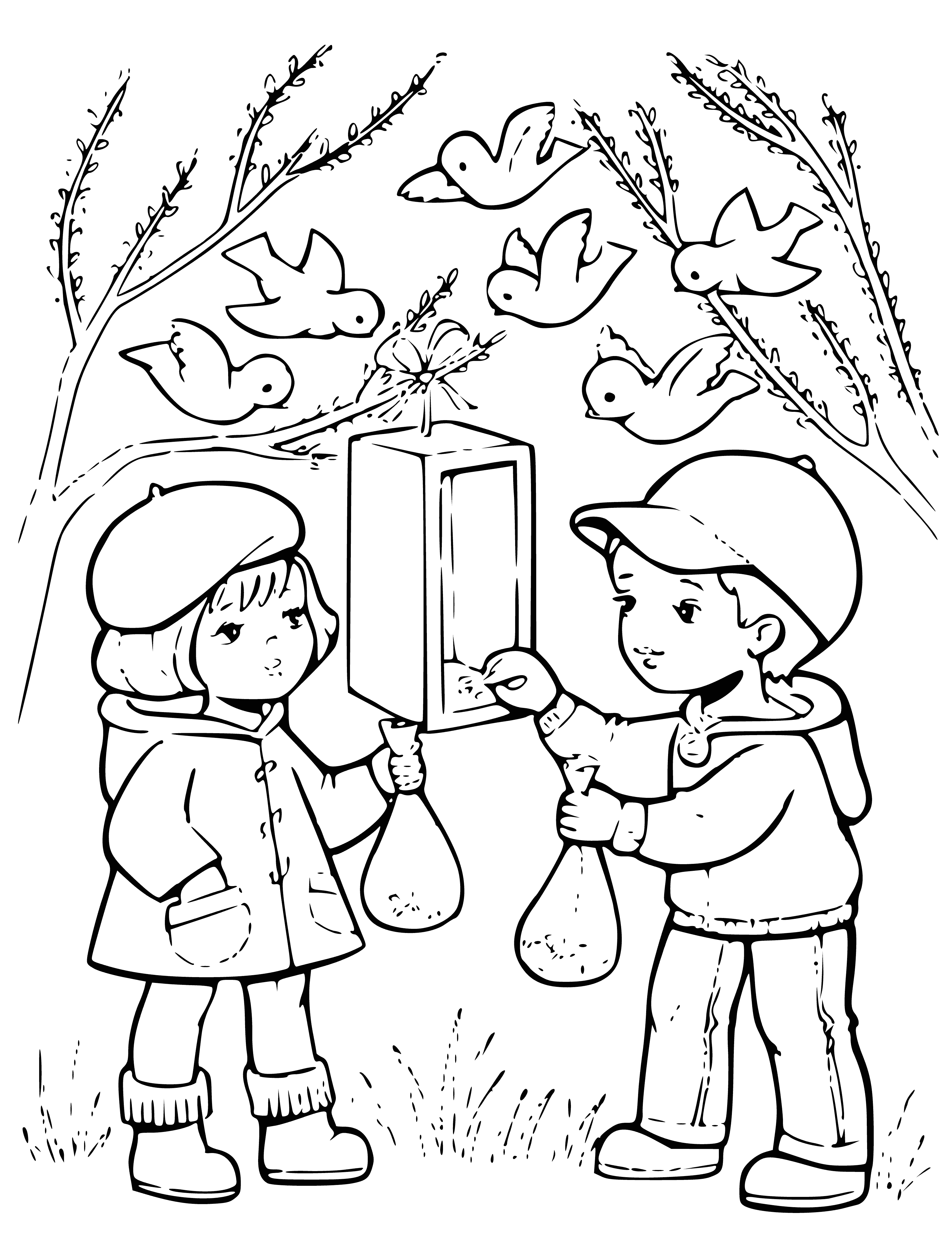 coloring page: 2 children standing outside feeding birds. One holding bread bag, other pouring bird seed. Bird houses & trees in background.